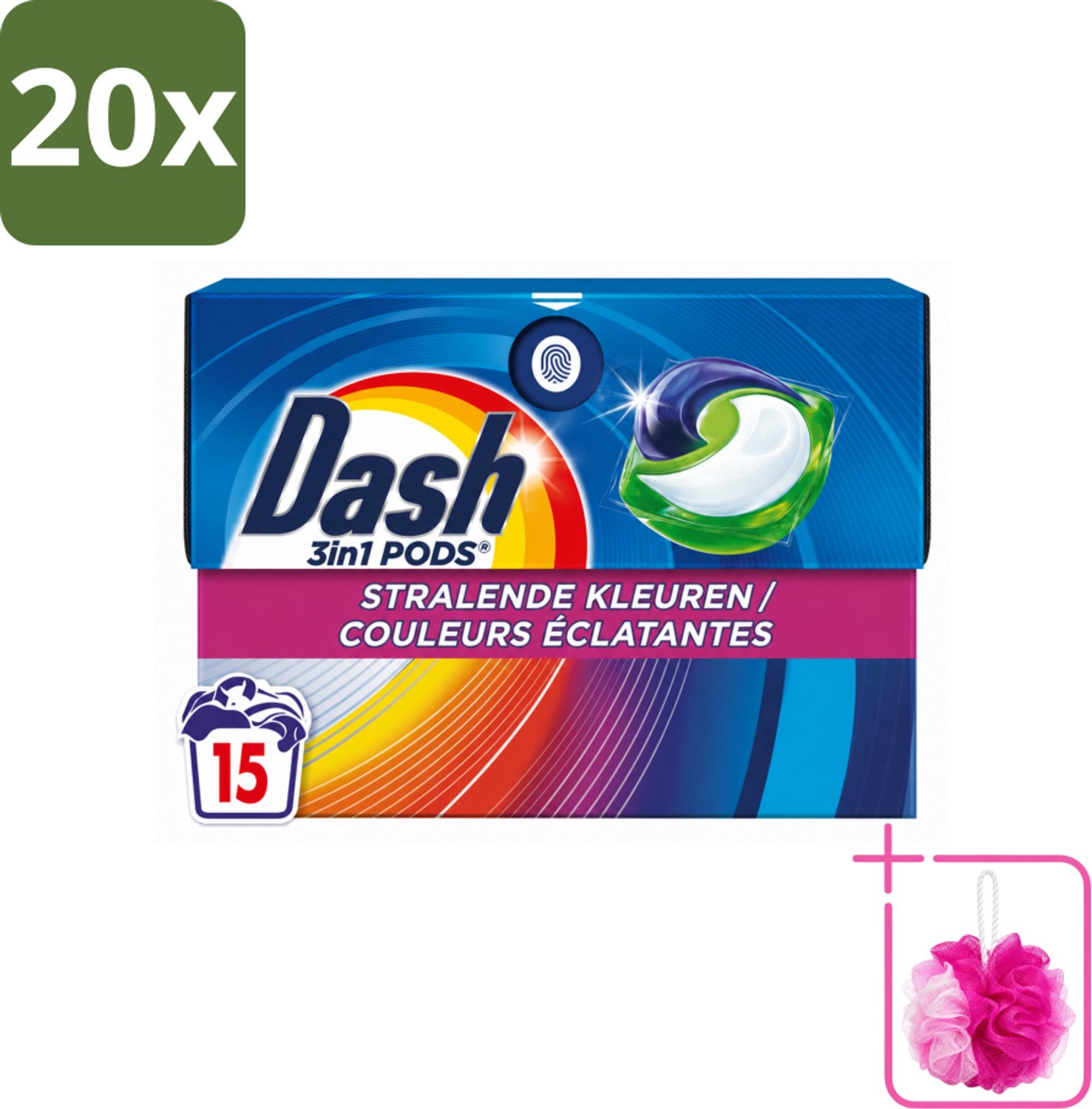 20 x Dash – Wasmiddelcapsules – 3in1 Pods Stralende Kleuren – 15 capsules - Bulkverpakking - Wasmiddel - Douchemop - Kleuren behouden