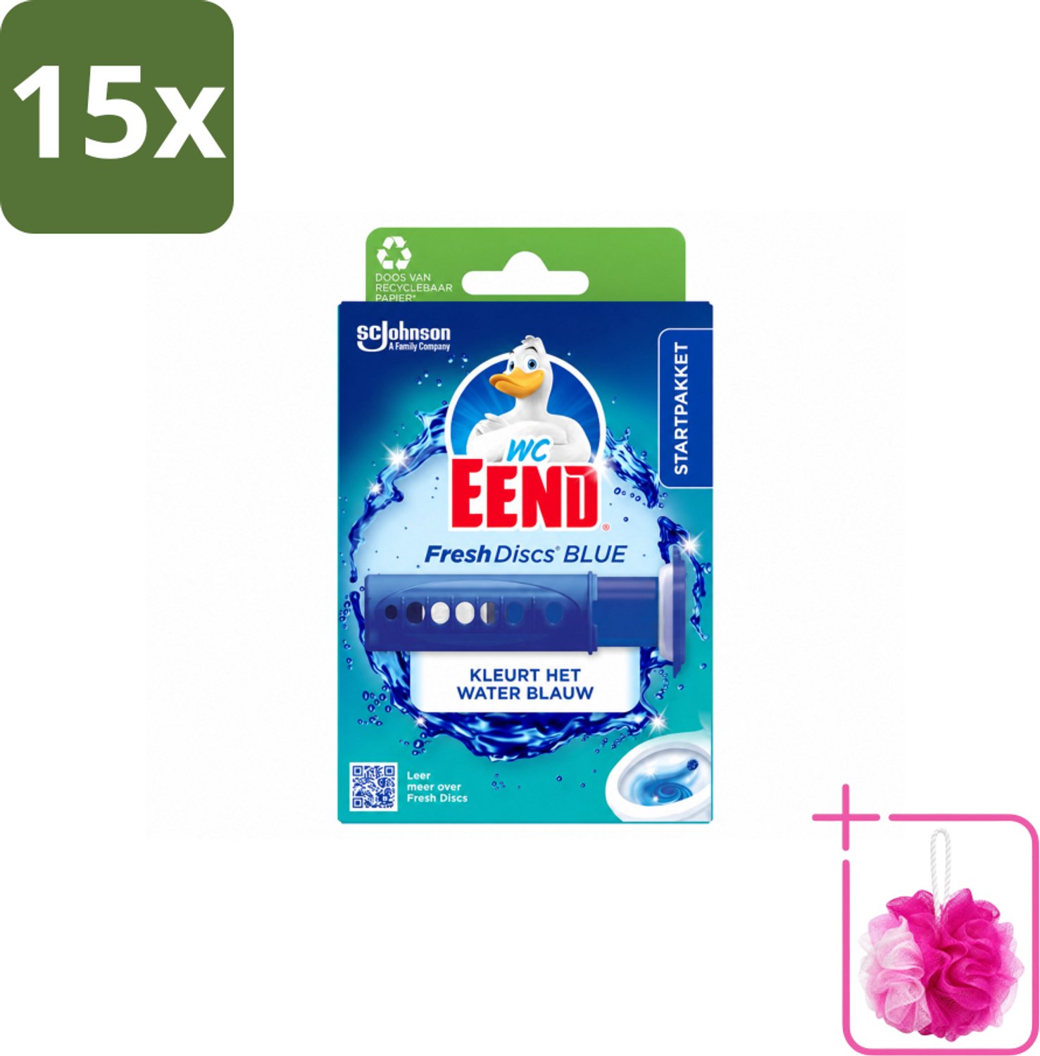 15 x WC Eend – Fresh Discs – Houder + Navulling – Coloring Blue – 36 ml - Bulkverpakking - Toilet reinigen - Douchemop - Toilet hygiëne