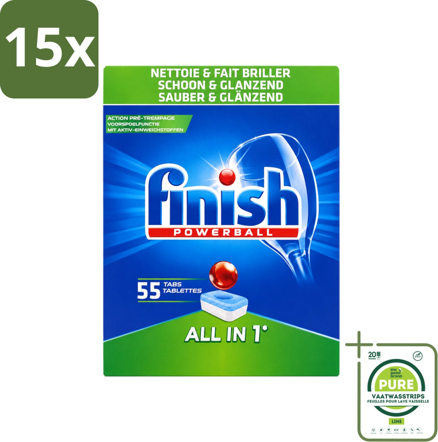 15 x Finish Powerball - All in 1 - Vaatwastabletten - Schoon & Glans - 55 Tabletten - Grootverpakking - Vaatwasstrips - Vaatwasmiddel - Vaatwastablet - Vaat Reinigen - Glans Behouden - Vaat Reinigen Zonder Voor Spoelen
