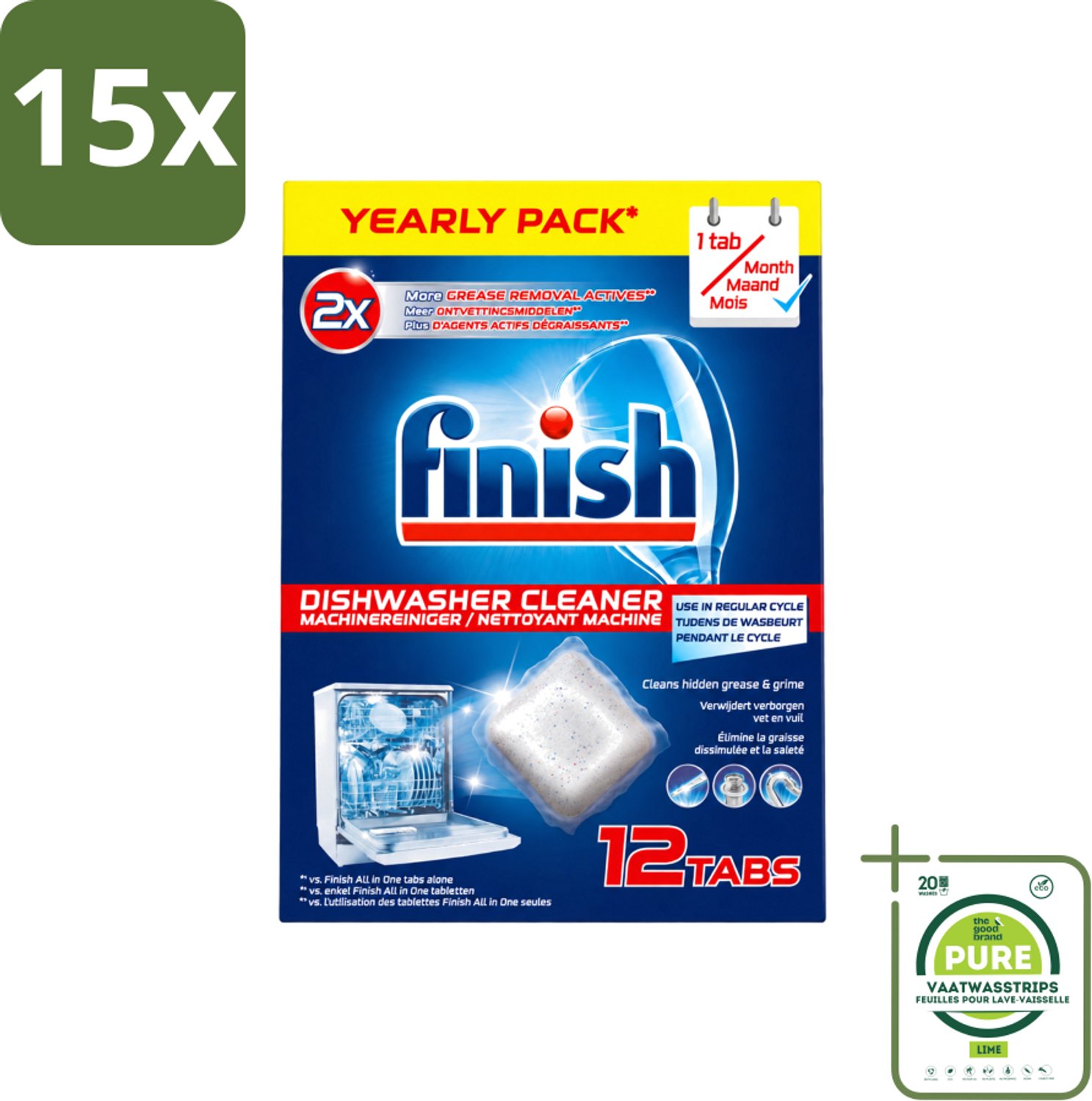 15 x Finish - Vaatwasmachinereiniger - Anti-Vet & Anti-Vuil - 12 Tabletten - Grootverpakking - Vaatwasstrips - Vaatwasmachinereiniger - Vet En Vuil Verwijderen - Vaatwasmachine Reinigen - Vaatwasmachine Onderhoud - Vaatwasmachine Schoon Houden