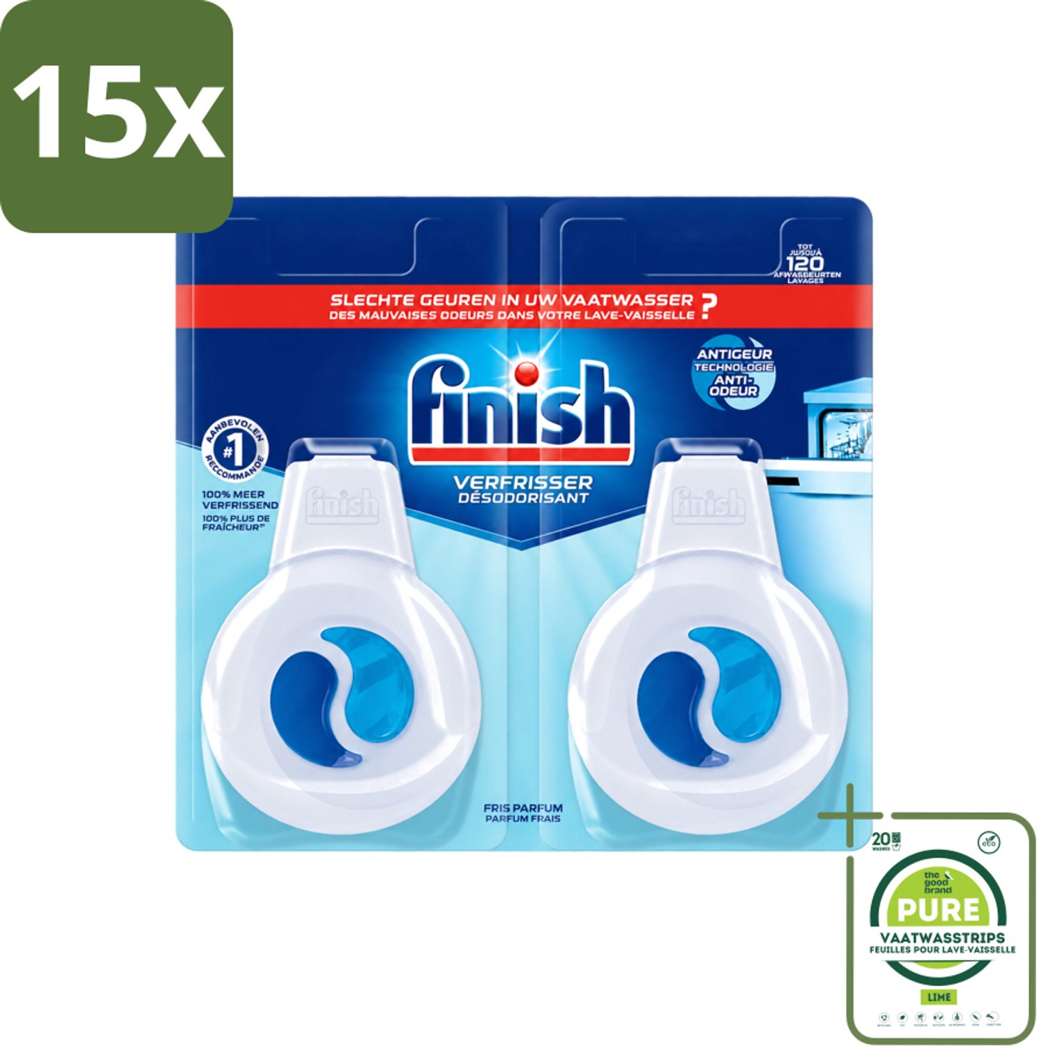 15 x Finish Deo Odorstop - Vaatwasverfrisser - Fris Parfum - Anti-geur - Tot 120 Afwasbeurten - Grootverpakking - Vaatwasstrips - Vaatwasverfrisser - Geurstop - Anti-geur - Vaatwasser Geur - Vaatwas Geur