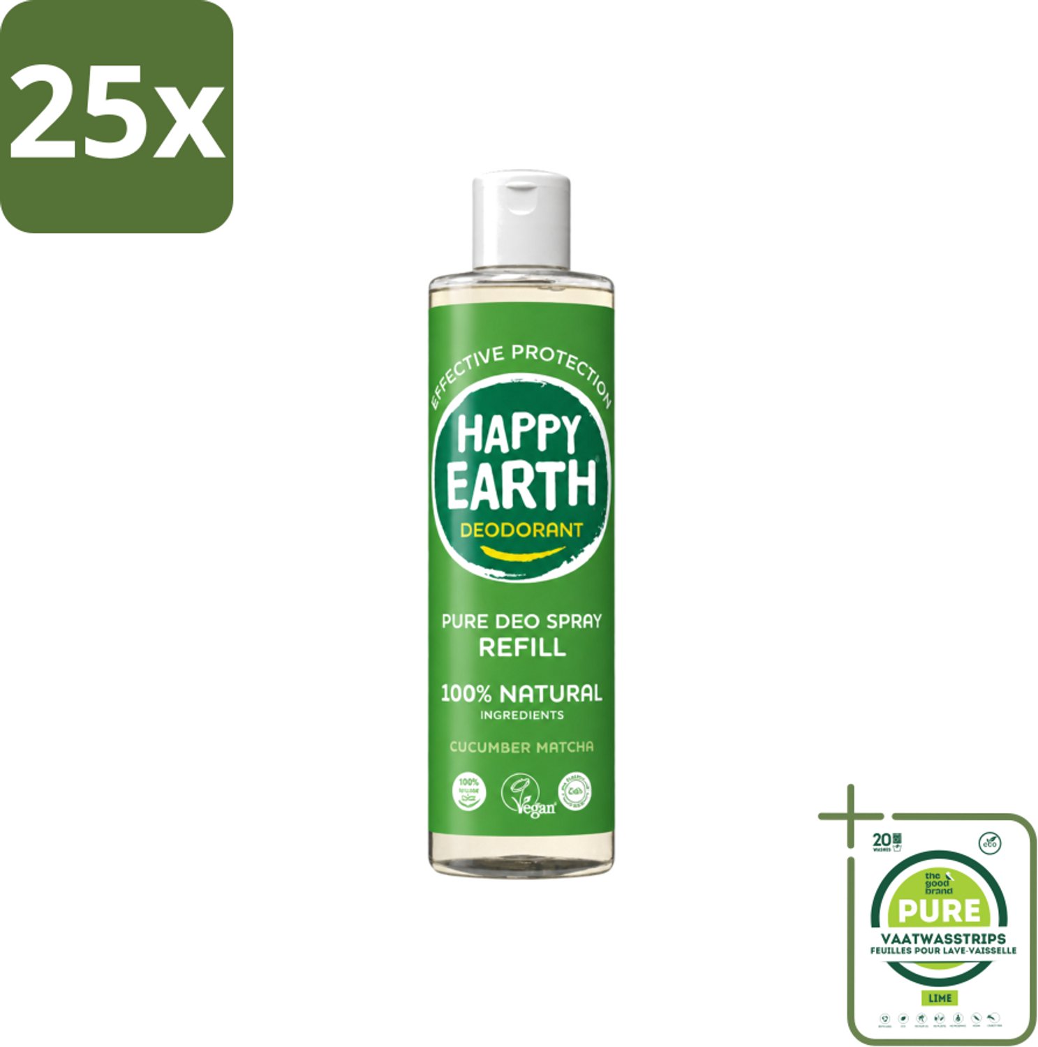 25 x Happy Earth – Deodorant Spray Navulling – 100% Natuurlijk Cucumber Matcha – 300 ml - Grootverpakking - Vaatwasstrips - Deodorant - Frisheid - Natuurlijke Deodorant - Matcha - Komkommer