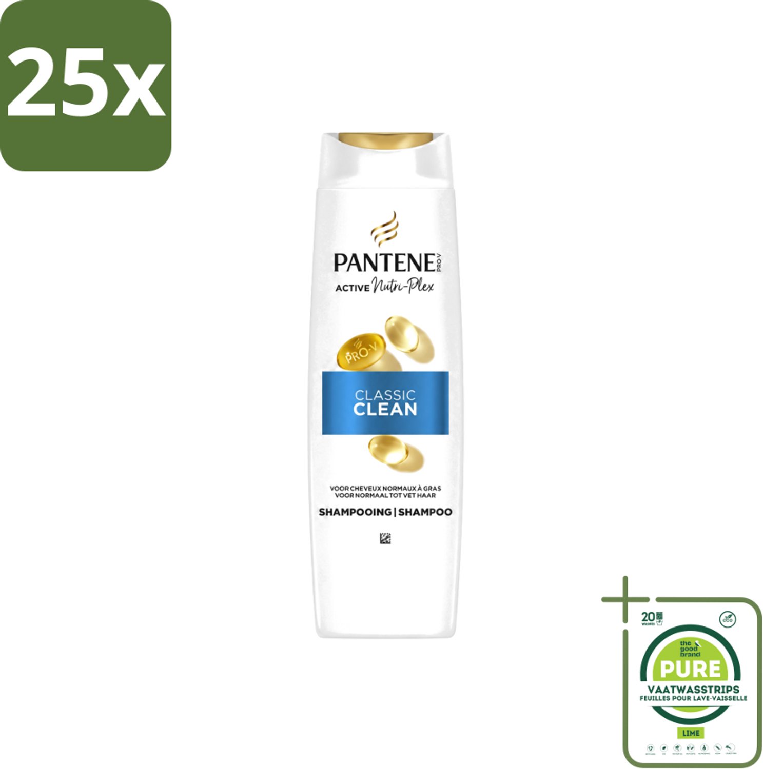 25 x Pantene – Shampoo – Classic Clean – 400 ml - Grootverpakking - Vaatwasstrips - Haarversterking - Schade Door Stylen - Fris Haar - Gezond Haar - Glanzend Haar