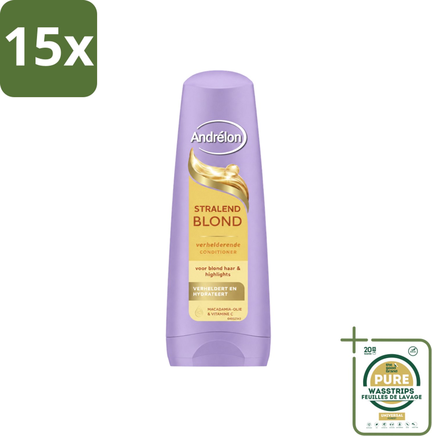 15 x Andrélon – Conditioner – Stralend Blond – 200 ml - Wasstrips - Blond Haar Verzorging - Verhelderende Conditioner - Glans Voor Blond Haar - Highlights Verzorging - Macadamia-olie Conditioner
