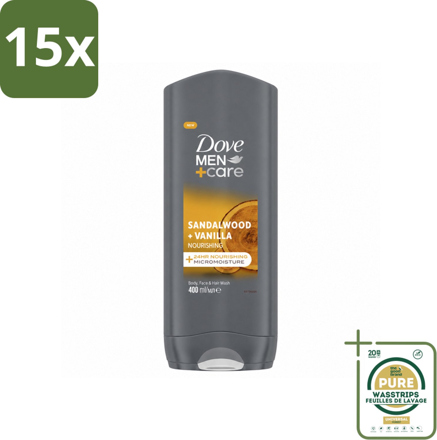 15 x Dove – Douchegel – Men+Care Sandalwood & Vanilla – 400 ml - Wasstrips - Douchegel Mannen - Mannelijke Huid Verzorging - Hydraatende Douchegel - Douchegel Voor Mannen - Huid Verzorging Mannen