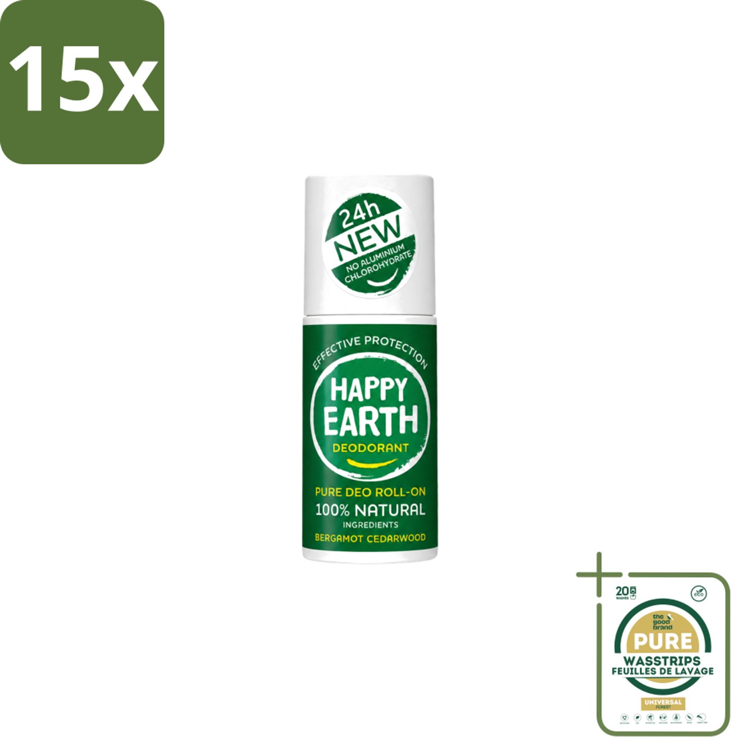 15 x Happy Earth – Deodorant Roll-On – 100% Natuurlijk Bergamot Cedarwood – 75 ml - Wasstrips - Natuurlijke Deodorant - Bergamot - Cederhout - Roll-on Deodorant - 24 Uur Geurbeleid