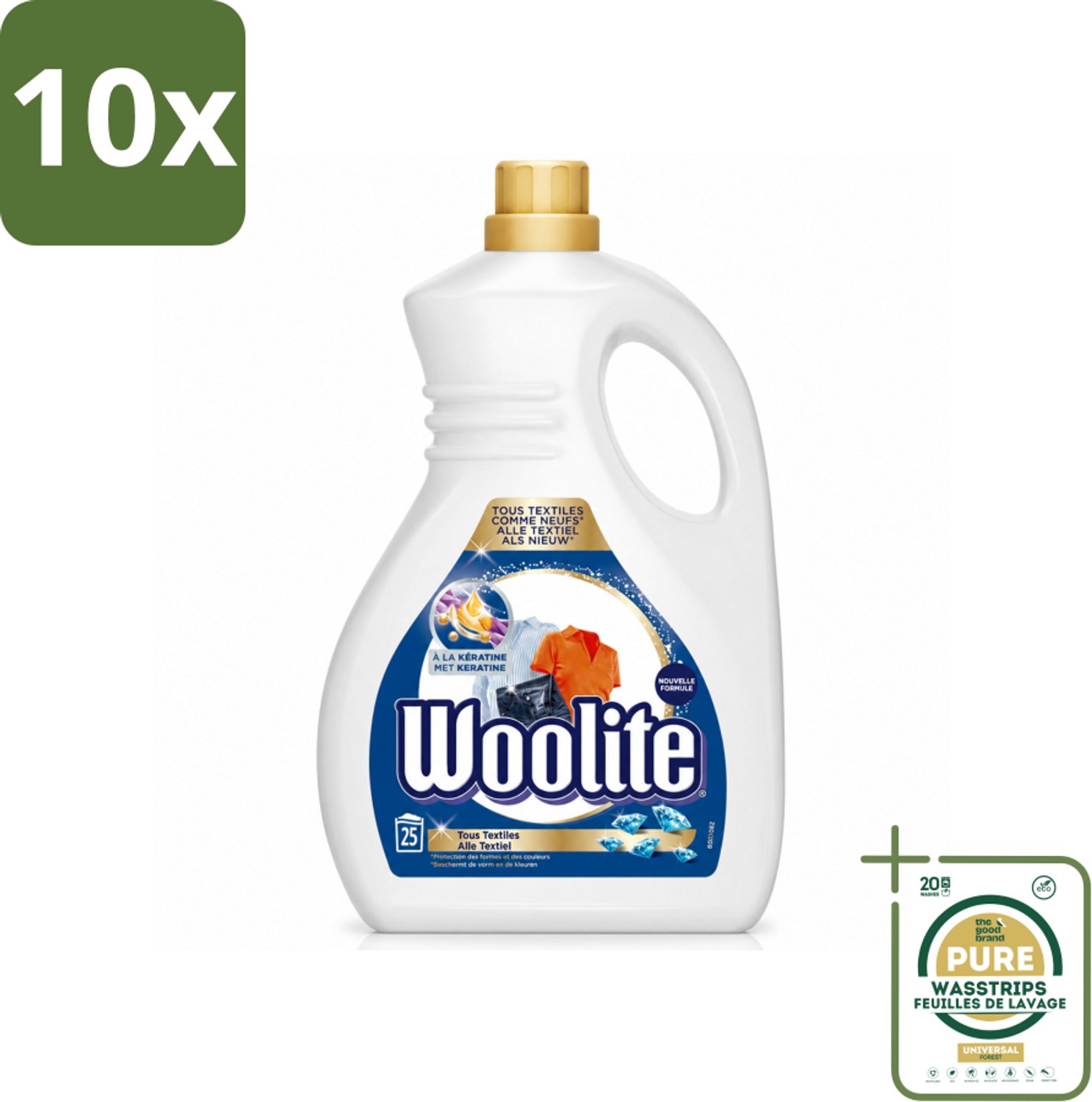 10 x Woolite - Wasmiddel - Vloeibaar Wasmiddel - Alle textiel - 25wb/1,5L - Wasstrips - Wasmiddel Voor Textiel - Keratine Wasmiddel - Textiel Verzorging - Pluisvorming Voorkomen - Vezelbescherming