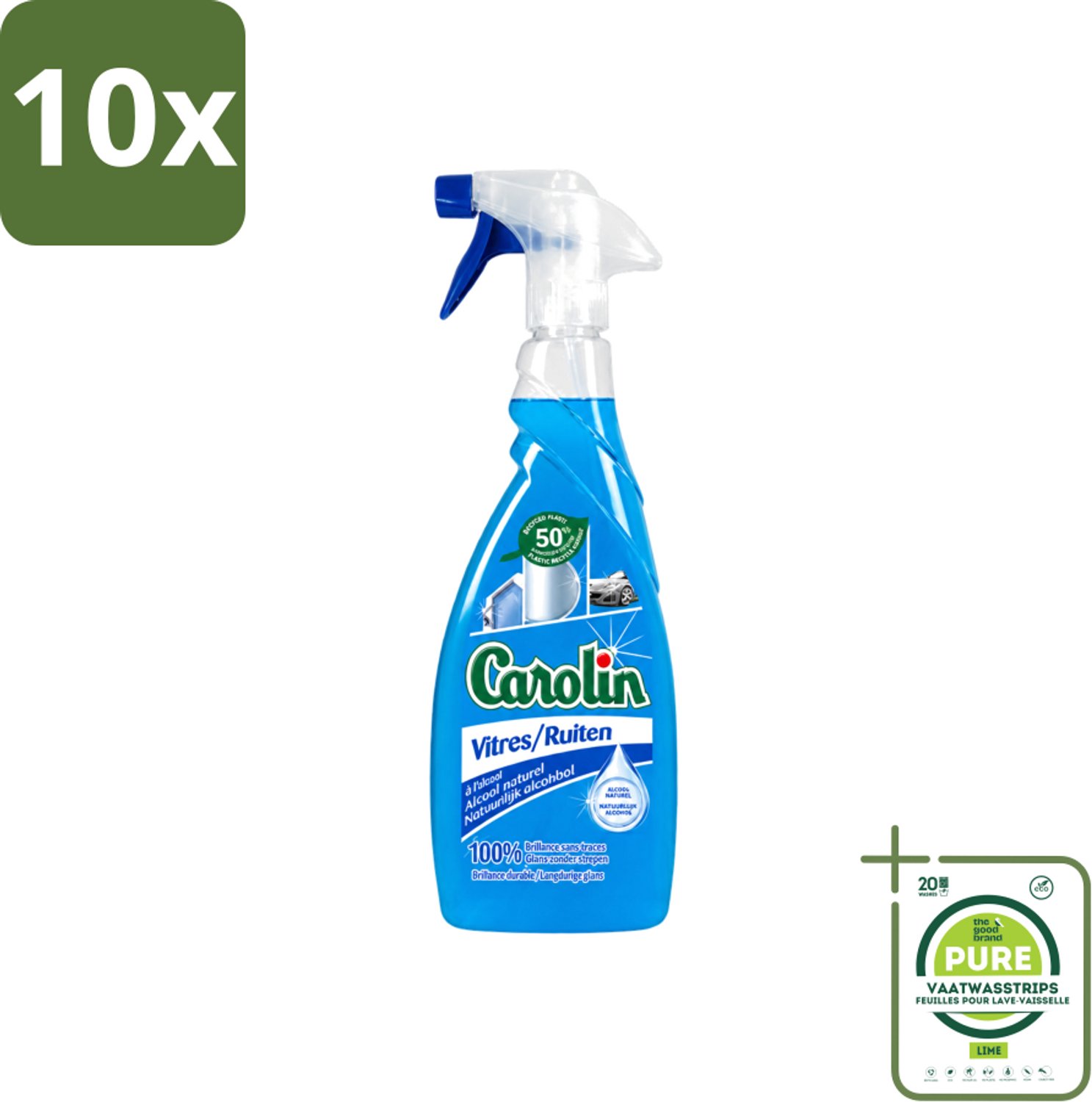 10 x Carolin - Glas- en Ruitenreiniger - Met Natuurlijke Alcohol - 650 ml - Grootverpakking - Vaatwasstrips - Glas Reiniger - Ruiten Reiniger - Natuurlijke Alcohol - Schone Ramen - Streeploze Glans