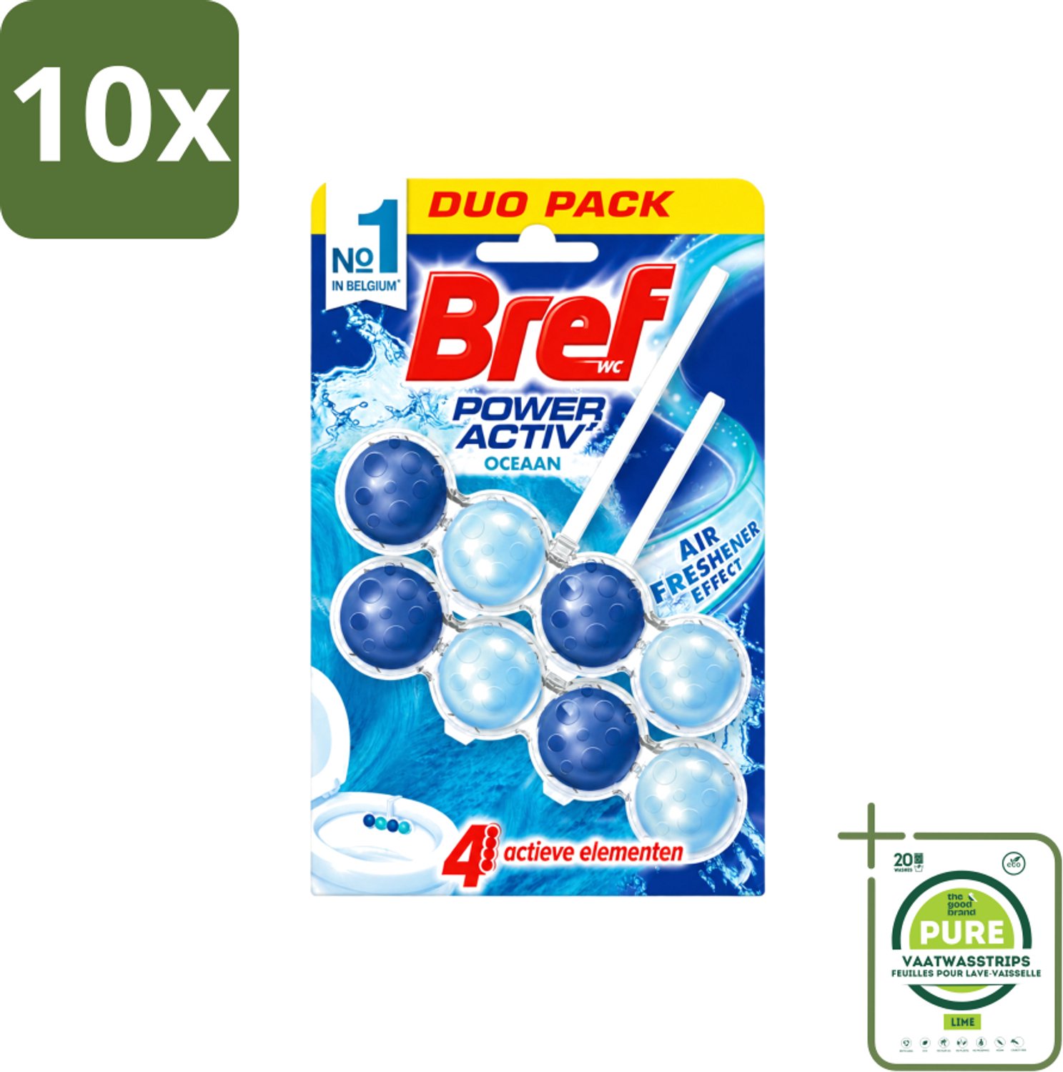 10 x Bref WC - Power Activ+ - Toiletblok - Oceaan - 2 Blokken - Grootverpakking - Vaatwasstrips - Toilet Reinigen - Toilet Schoon Houden - Toilet Reinigingsblok - Oceaan Geur - Anti-kalk Toilet