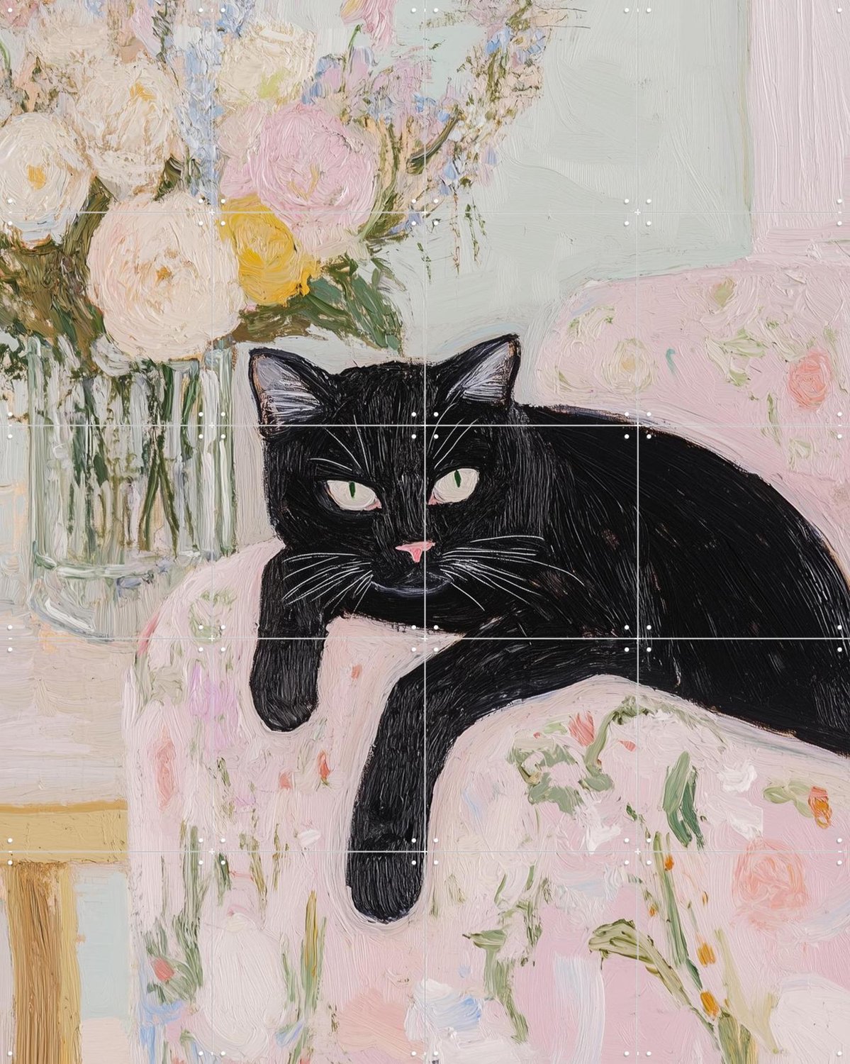 IXXI Black Cat Floral Charm, Andreas Magnusson & Various - 80 x 100 cm - Grote wanddecoratie en posters - Schilderijen, Vintage, Woonkamer, Gang Roze / Zwart