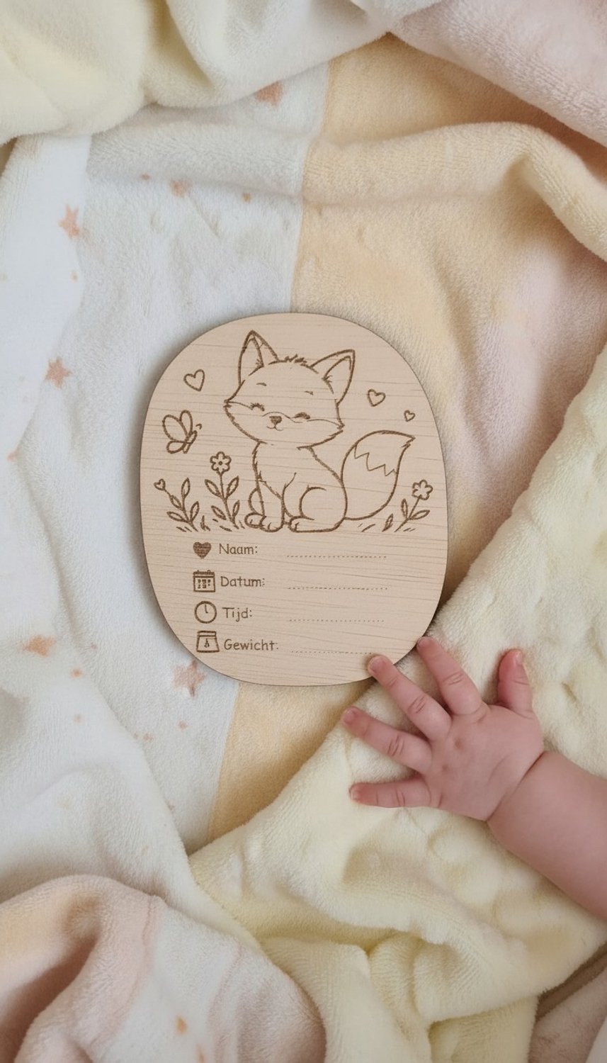 Geboorte Invulbordje Hout – Houten Geboortebordje Baby Vos – Naam, Datum, Tijd & Gewicht – Kraamcadeau — afbeelding 2