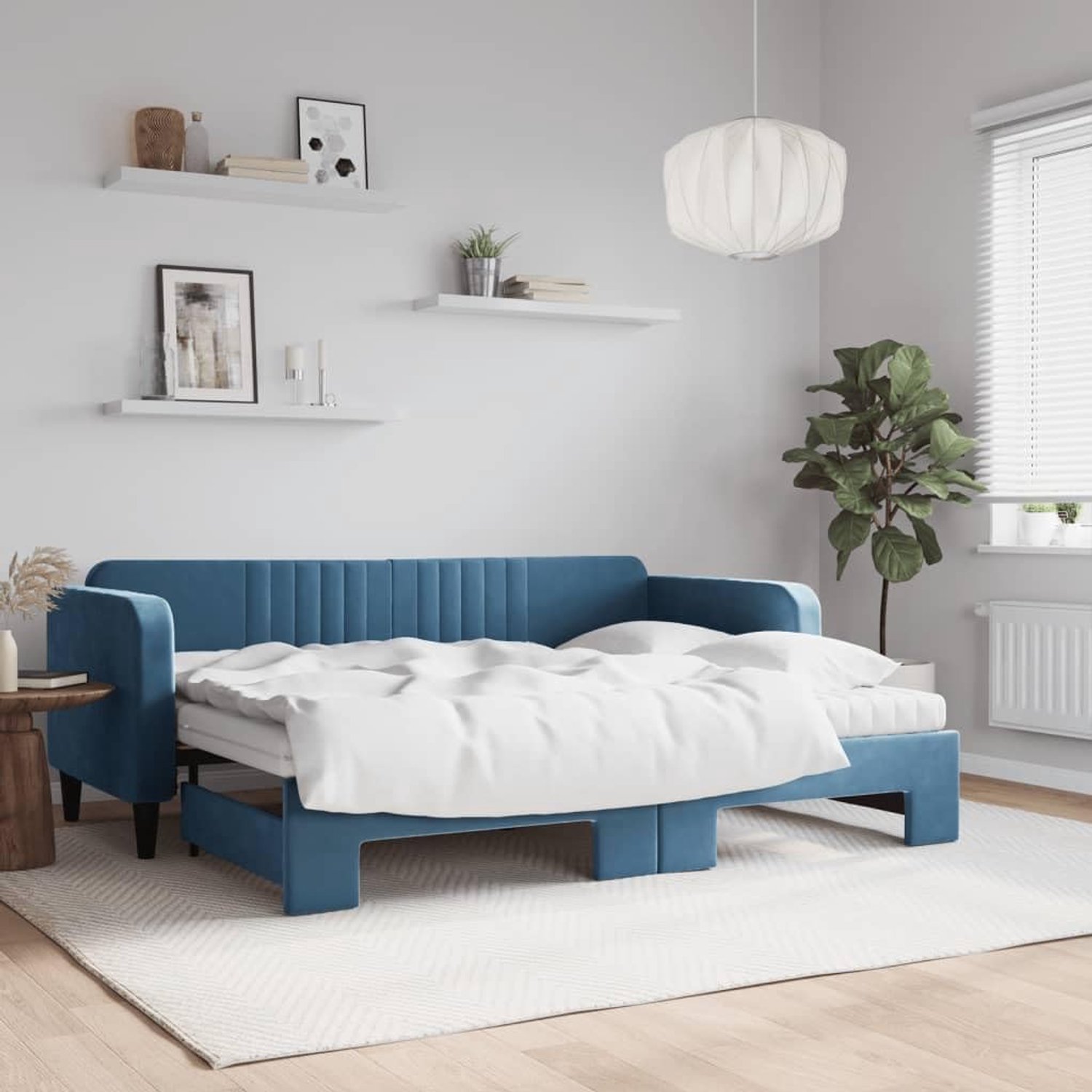 Uittrekbaar met matrassen, blauw, 80 x 200 cm, fluweel, hotelbedframe, bedframe voor woonkamer, slaapkamer, geschikt voor slaapkamer