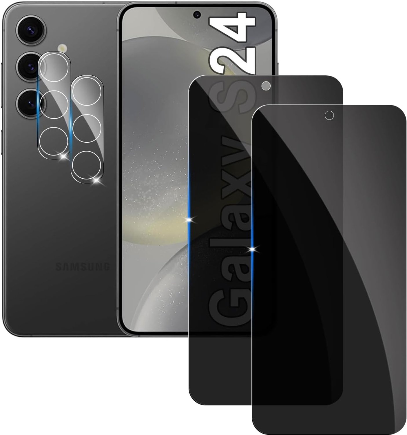 【2+2 stuks】2 privacy schermbeschermer voor Samsung Galaxy S24 met 2 Camera Lens Beschermer, Anti-Spy aangemaakte glas Screen Protector,9H hardheid,Anti-kras, Geen Luchtbellen