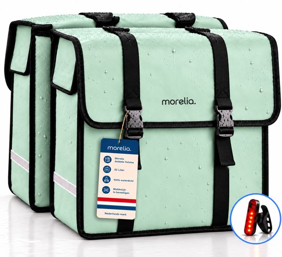 Sacoche double de vélo Morelia vert menthe imperméable avec sangles noires et feu arrière rouge inclus.