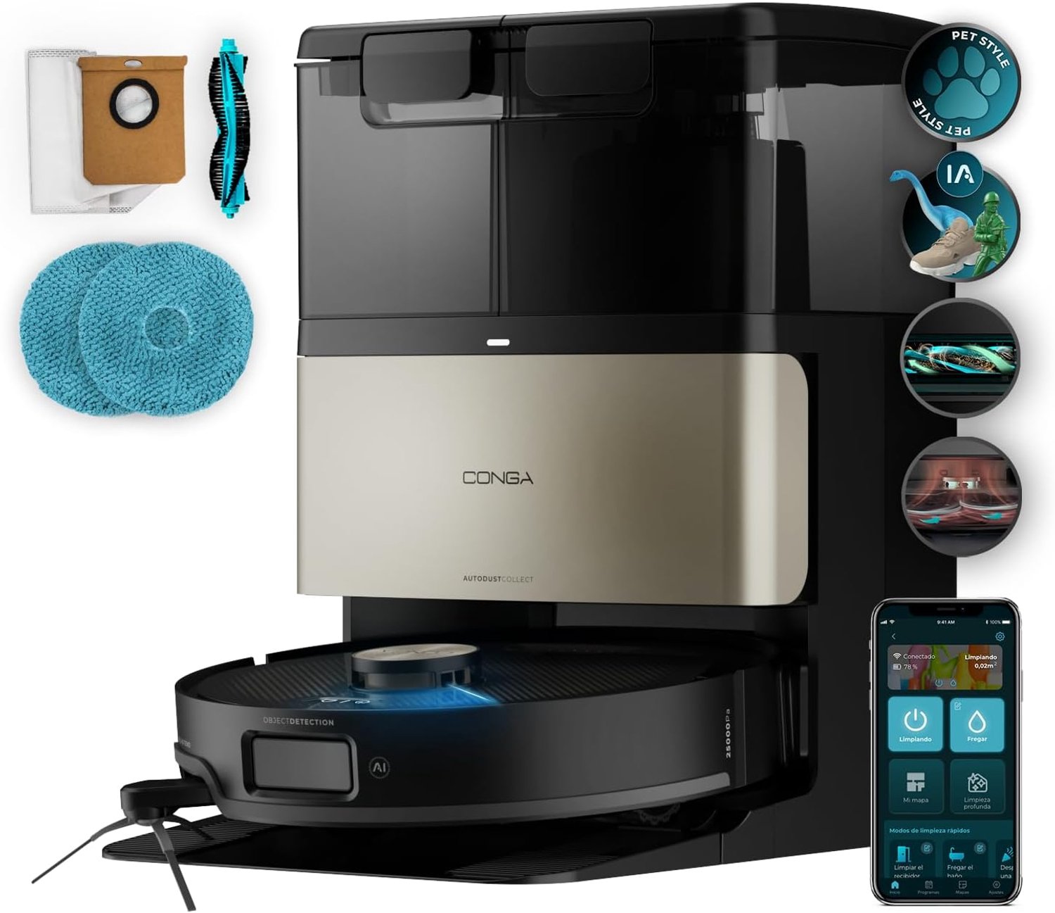 Cecotec Conga X80 Pro robotstofzuiger met zelfaanzuigende basis en IA Conga X80 Pro. Lasernavigatie, 25000 Pa, autonomie 240 m², adaptieve technologie, desinfectie van dweilen, bluetooth en wifi