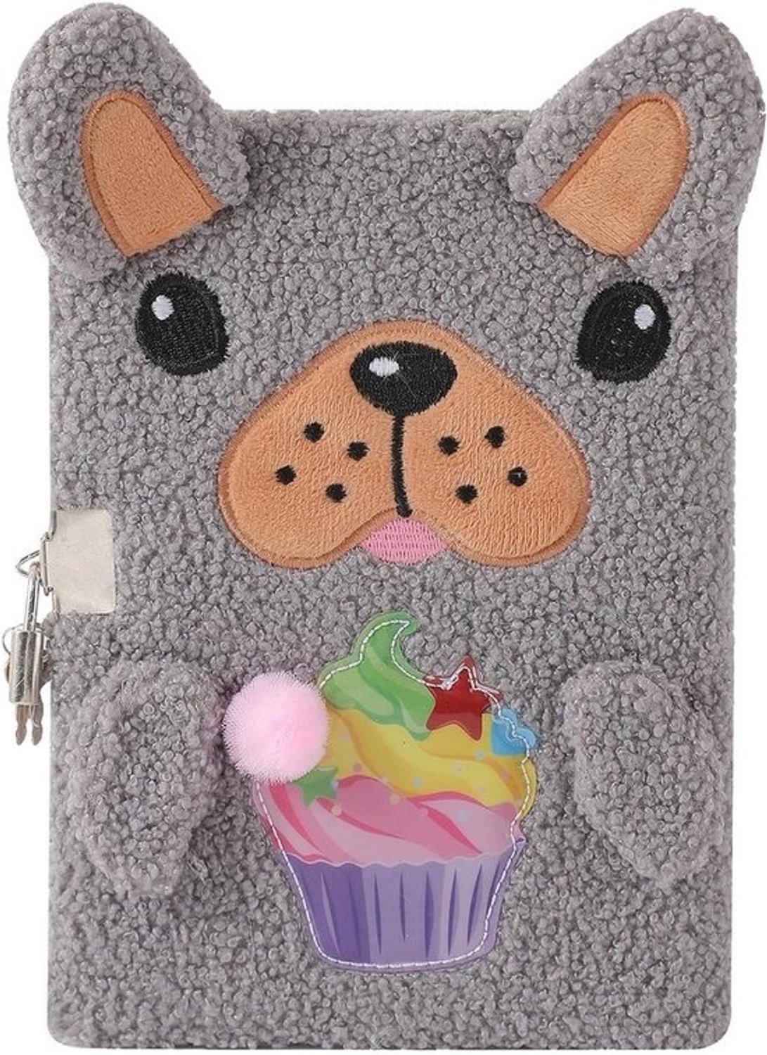 Pluche Dagboek - Lief notitieboek - Geheimen bewaren - Geborduurd hondenpatroon - 21.5x15.5cm - Grijs
