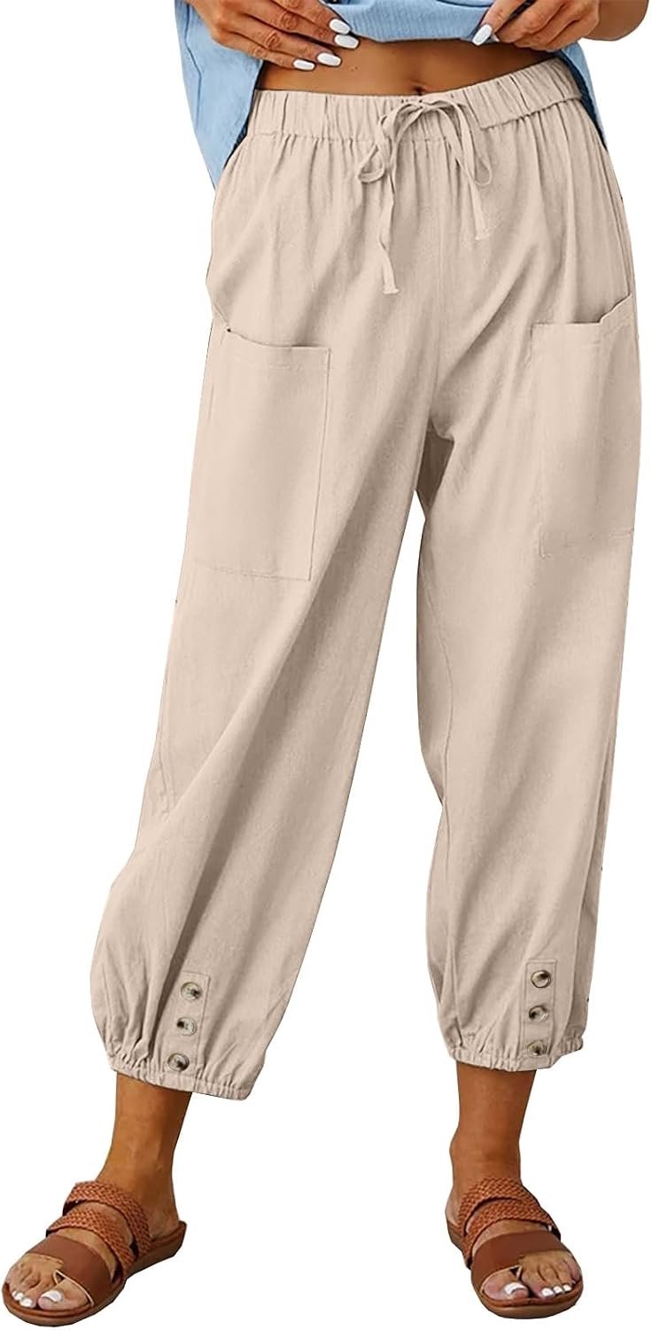 7/8 lengte broek dames zomer katoen linnen broek casual lichtgewicht wijde pijpen broek losse pasvorm bijgesneden broek met elastische taille en zakken baggy strand harem lounge broek