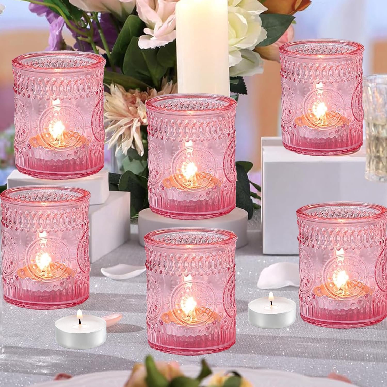 Votief kandelaars, 12 stuks glazen theelichtkaarsenhouders voor bruiloft, feest, woondecoratie (12, roze)