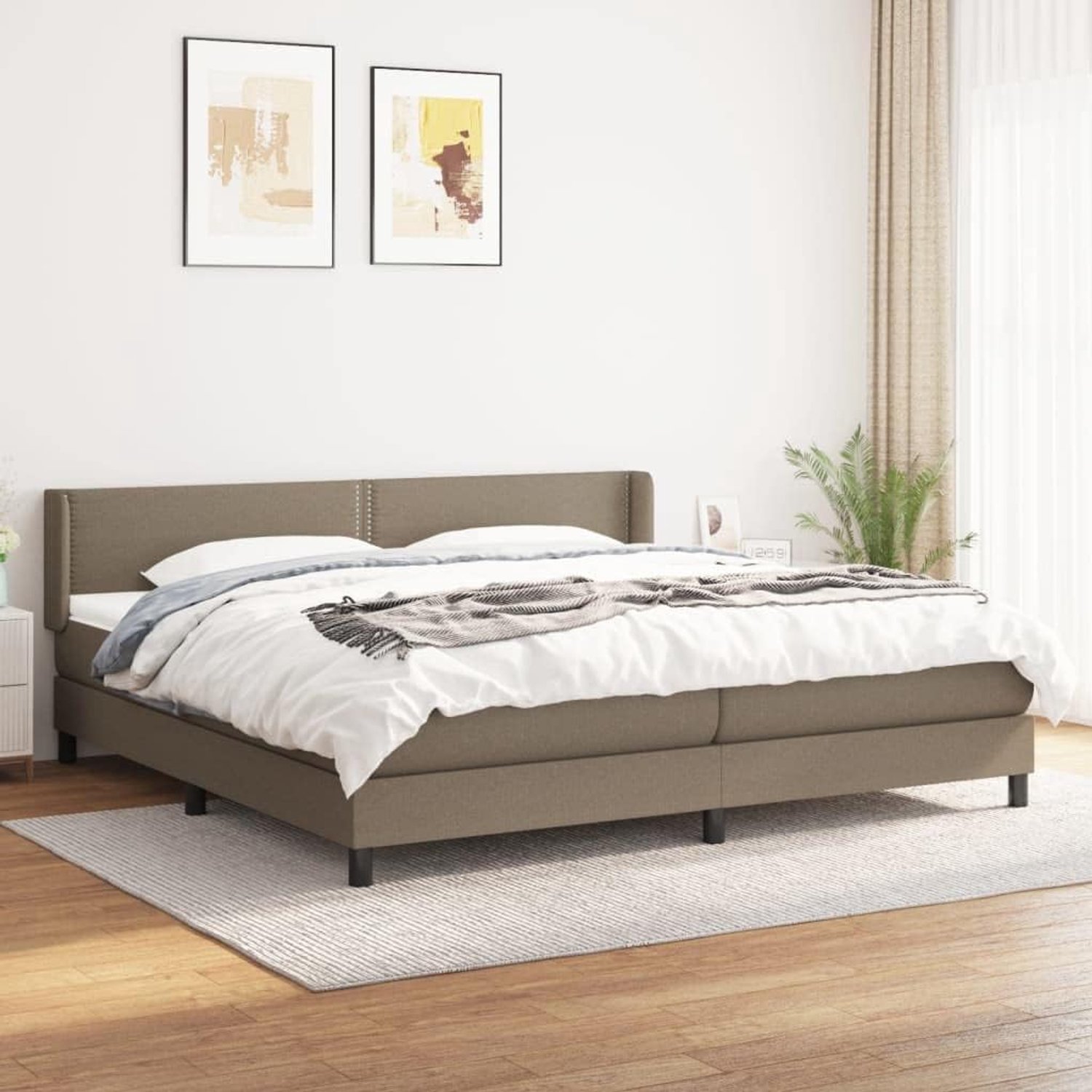 Boxspring met matras stof taupe 200x200 cm verstelbaar hoofdbord pocketvering matras middelhard huidvriendelijk topmatras voor rug- en buikslapers slapen lezen film kijken