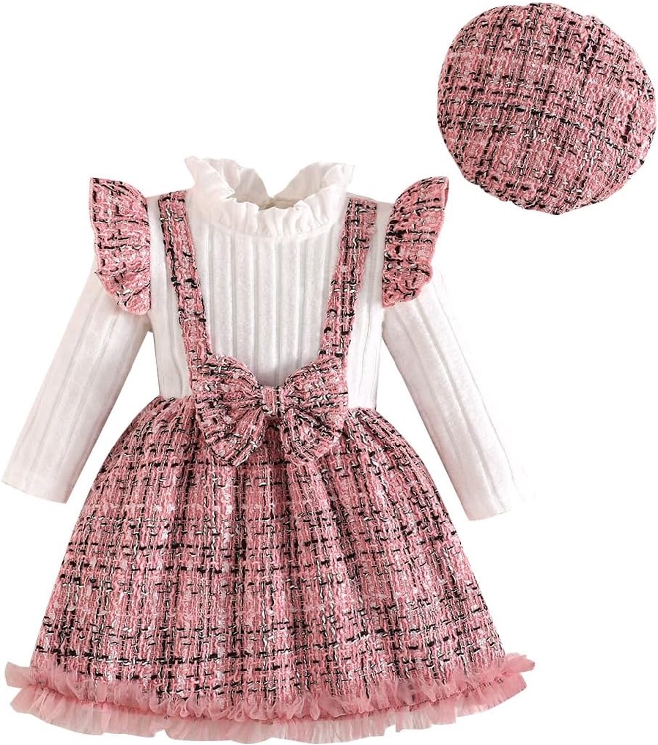 Jurk baret peuters baby meisjes tweed patroon strik tule trim