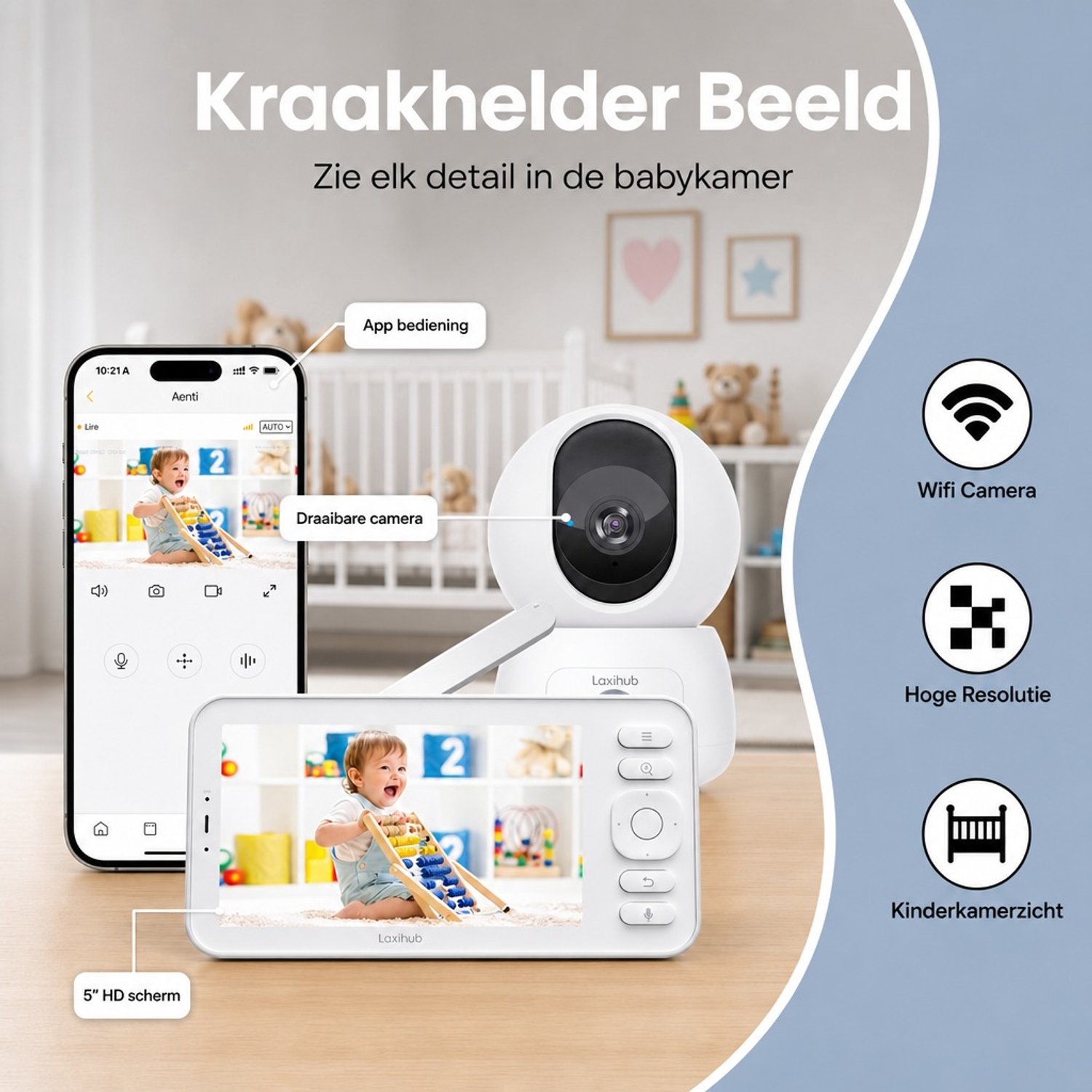Laxihub AINANNY C3 Kit Wifi Baby Monitor - Babyfoon met Camera - Babyfoon met 5 Inch Scherm - Full HD-Resolutie - Arenti App Slaapliedjes & Temperatuur - Alexa & Google thumbnail 4