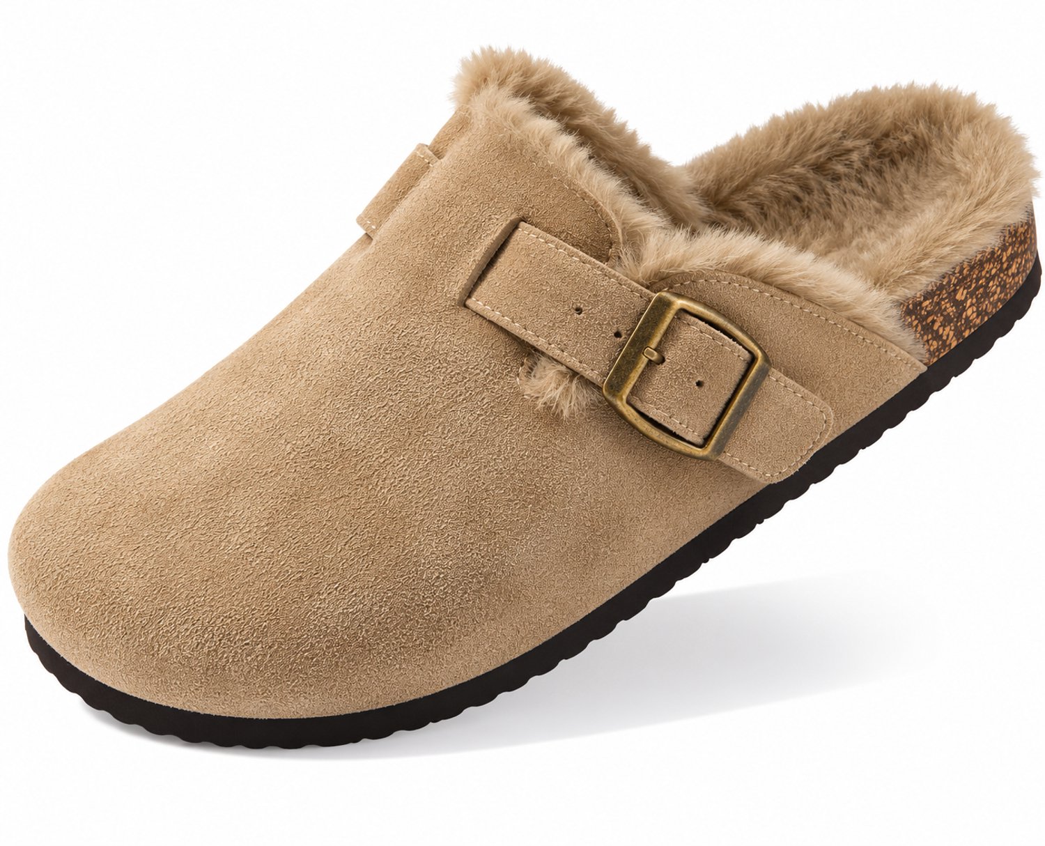 Dames Clogs – Warme Gevoerde Clogs met Gesp – Pantoffels – Stevige Zool – Khaki - maat 38 - Voetlengte 26 cm -