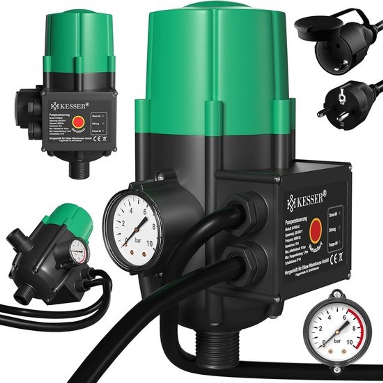 Pompbesturing met drukschakelaar - Automatische waterdrukregeling - Drukbewaking - Geïntegreerde droogloopbeveiliging - Max 10 Bar - Zwart Groen