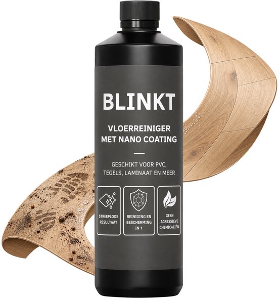Fles Blinkt vloerreiniger met nano coating, staand voor een gebogen houten vloerpaneel.