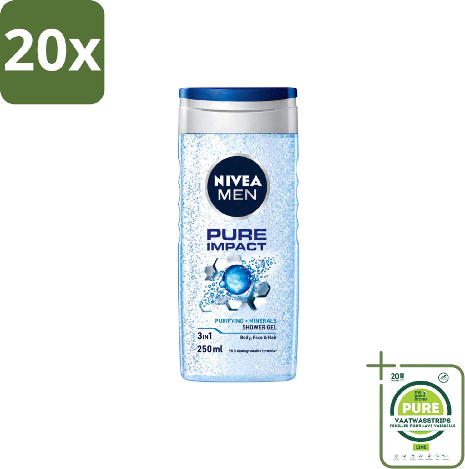 20 x Nivea Men – Douchegel – Pure Impact – 250 ml - Grootverpakking - Vaatwasstrips - Douchegel - Reiniging - Zweet Verwijderen - Vuil Verwijderen - Fris Huidgevoel