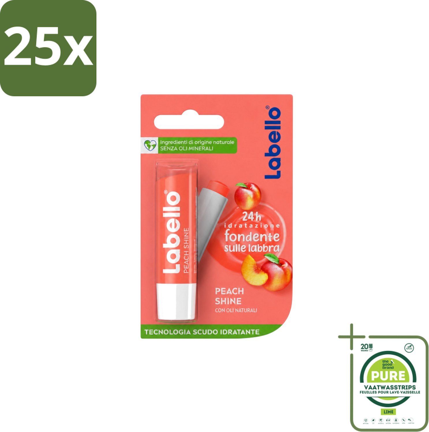 25 x Labello – Lippenbalsem – Fruity Peach Shine – Vegan - Grootverpakking - Vaatwasstrips - Lippenbalsem - Vegan Lippenbalsem - Perzikaroma - Glans Lippen - Natuurlijke Lippenbalsem