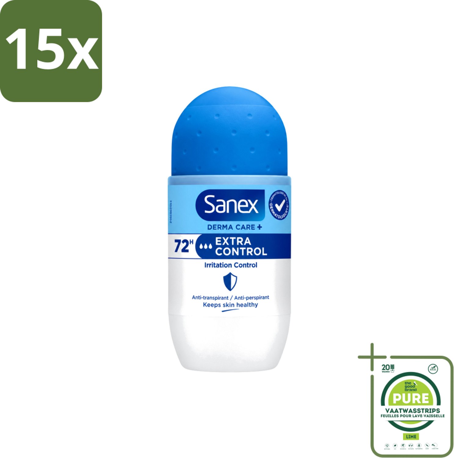 15 x Sanex – Deo Roll-on – Dermo Extra Control – 53 ml - Grootverpakking - Vaatwasstrips - Anti-transpirant - Zweetvermindering - Huidbalans - Aluminiumchloride - Droge Oksels