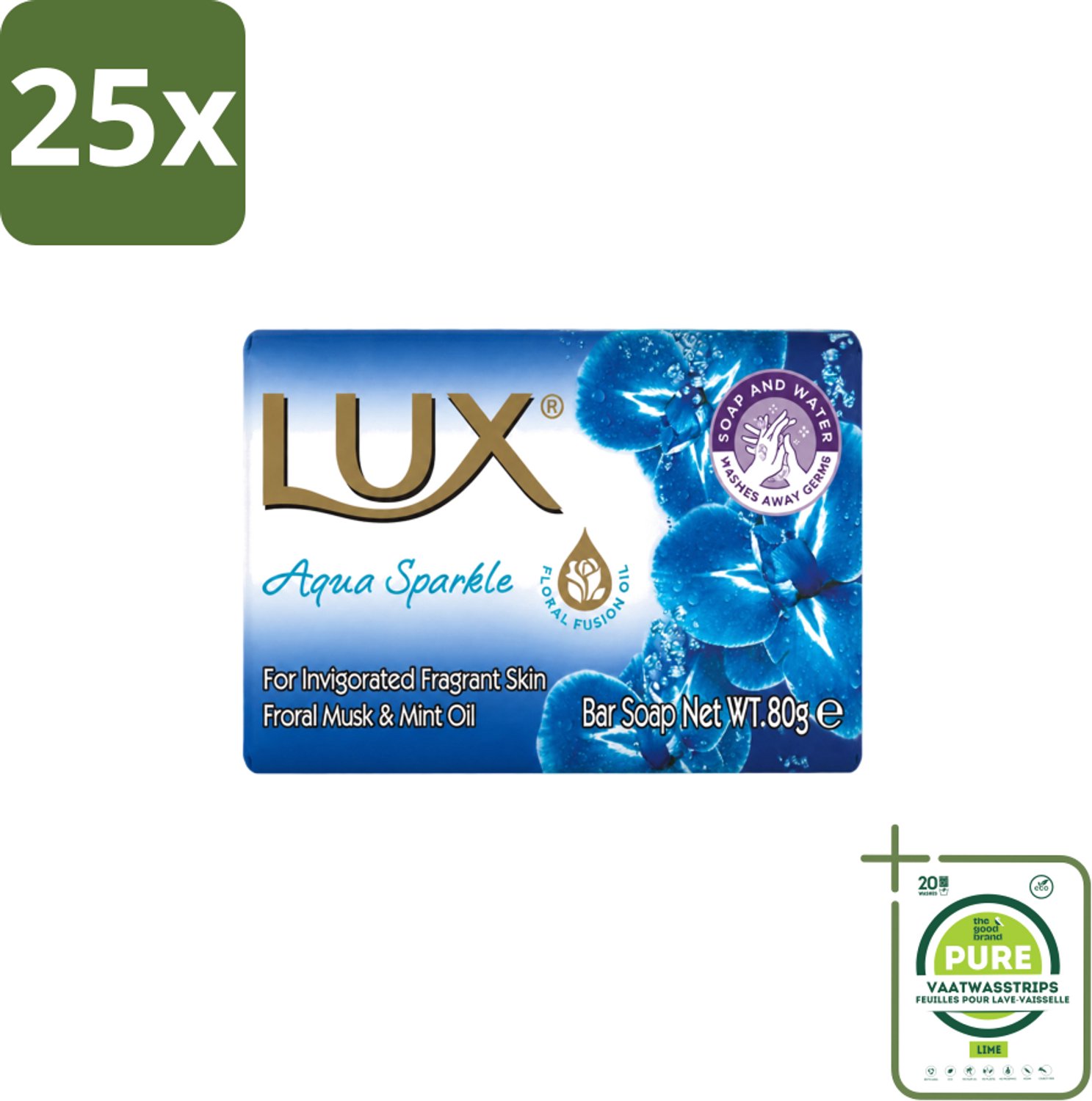 25 x Lux – Bar Soap – Aqua Sparkle – 80 g - Grootverpakking - Vaatwasstrips - Zeeptablet Aqua Sparkle - Reiniging - Huid Verzorging - Frisse Geur - Zachte Reiniging