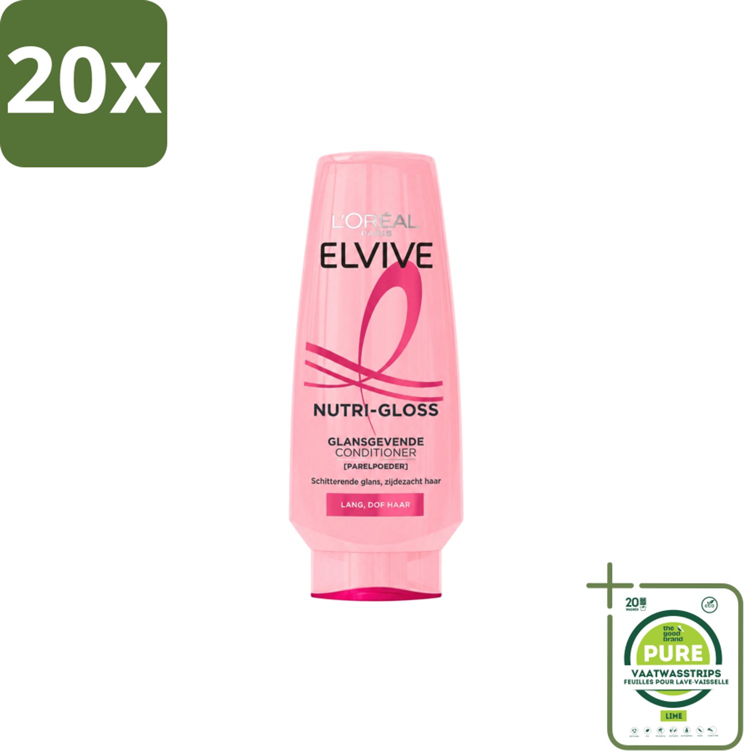20 x L’Oréal Paris Elvive – Conditioner – Nutri Gloss – 200 ml - Grootverpakking - Vaatwasstrips - Glans Haar - Lang Haar - Ontwarrende Conditioner - Proteïnen - Parelextract