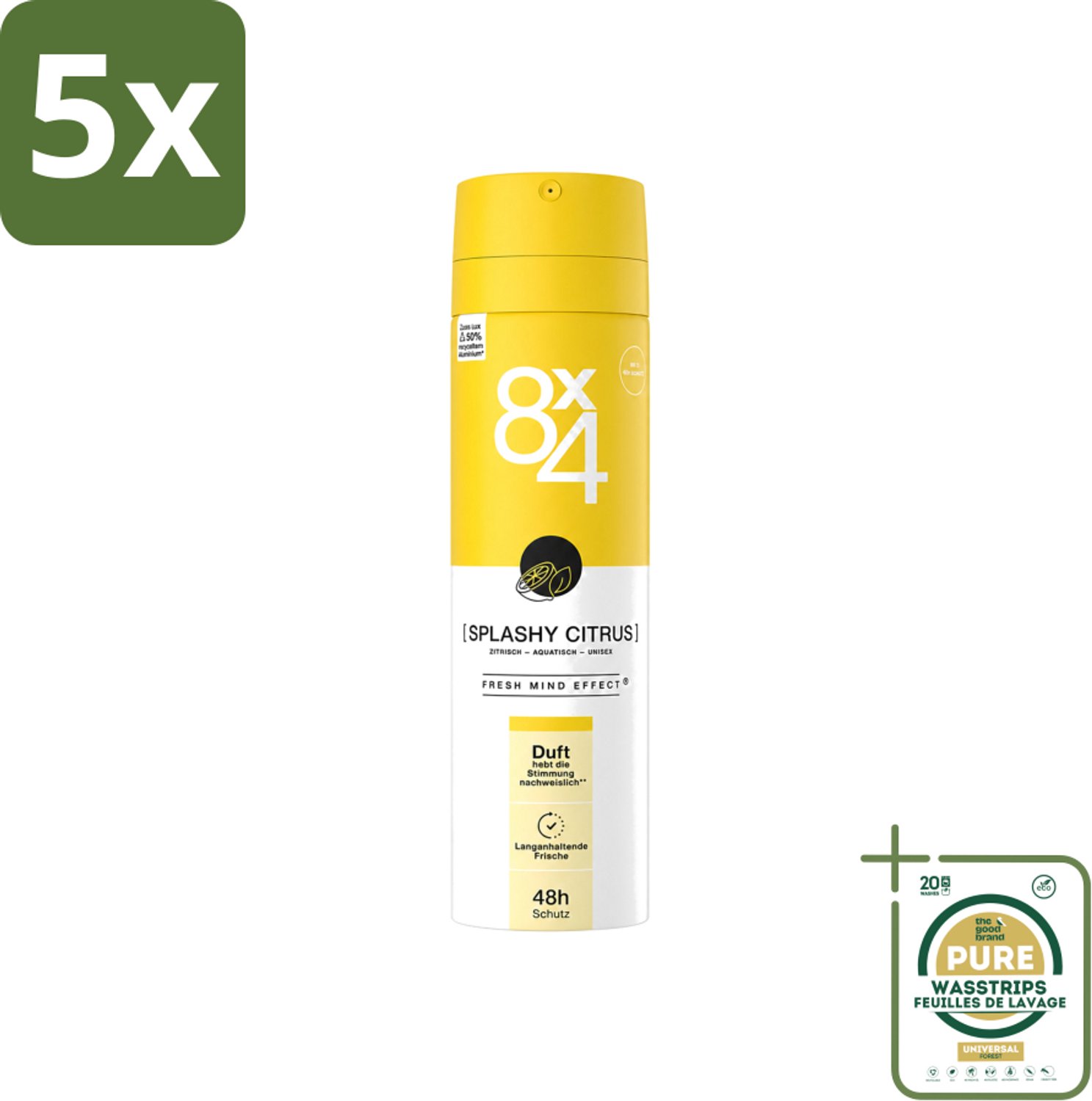 5 x 8 x 4 Deospray - Splashy Citrus - Deodorant - Citrusgeur - 150 ml - Wasstrips - Citrus Deodorant - Energiegeur - Frisse Geur - Zweetbescherming - Huidverzorging