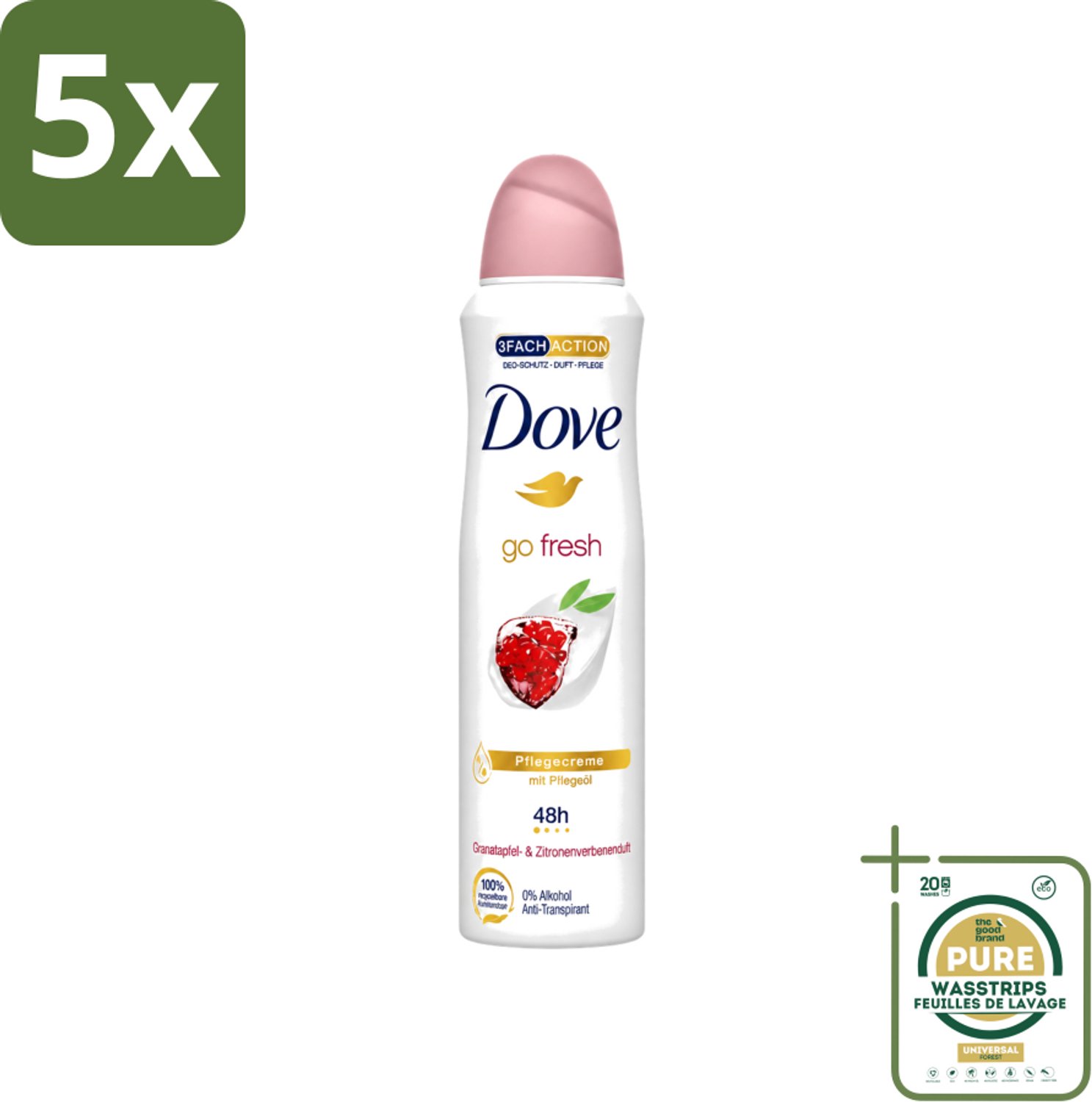 5 x Dove - Deodorant - Go Fresh Granaatappel - Frisse en fruitige geur - 150 ml - Wasstrips - Dove Go Fresh - Deodorant Spray - Anti-transpirant - Frisheid - Fruitige Geur