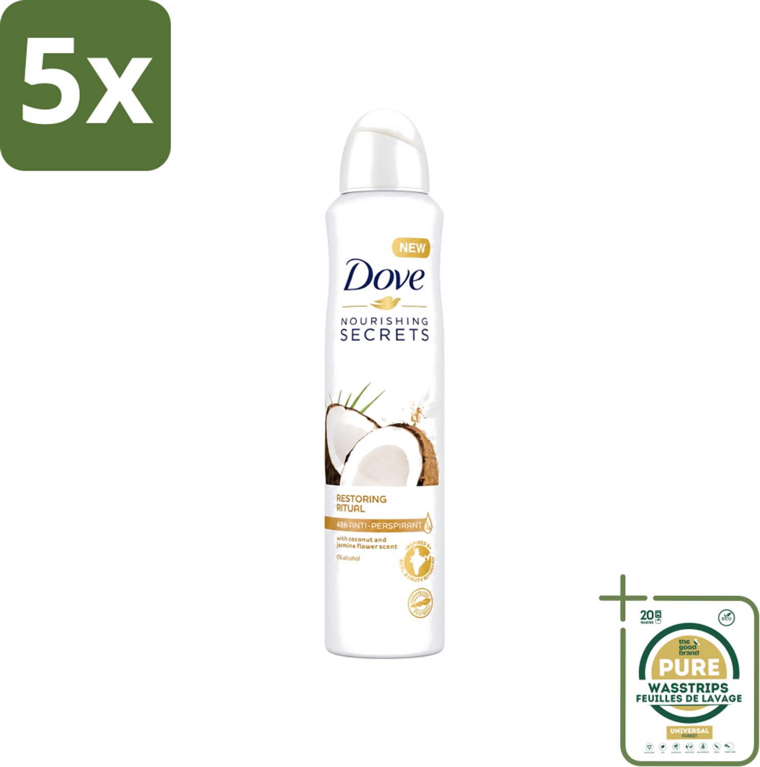 5 x Dove - Deodorant - Coconut & Jasmine Flower - Tropisch en verzorgend - 250 ml - Wasstrips - Dove Deodorant - Kokos En Jasmijn - Anti-transpirant Spray - Verzorgende Deodorant - Geur Van Kokos En Jasmijn