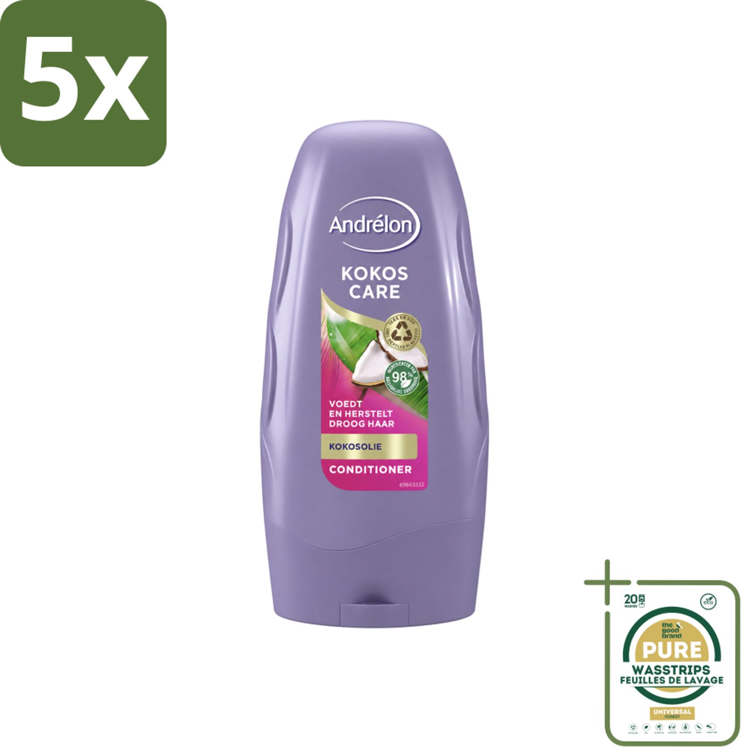 5 x Andrélon - Kokos Care - Conditioner - Diepe Hydratatie - 250 ml - Wasstrips - Droog Haar - Beschadigd Haar - Kokosolie - Kokosmelk - Hydraatatie