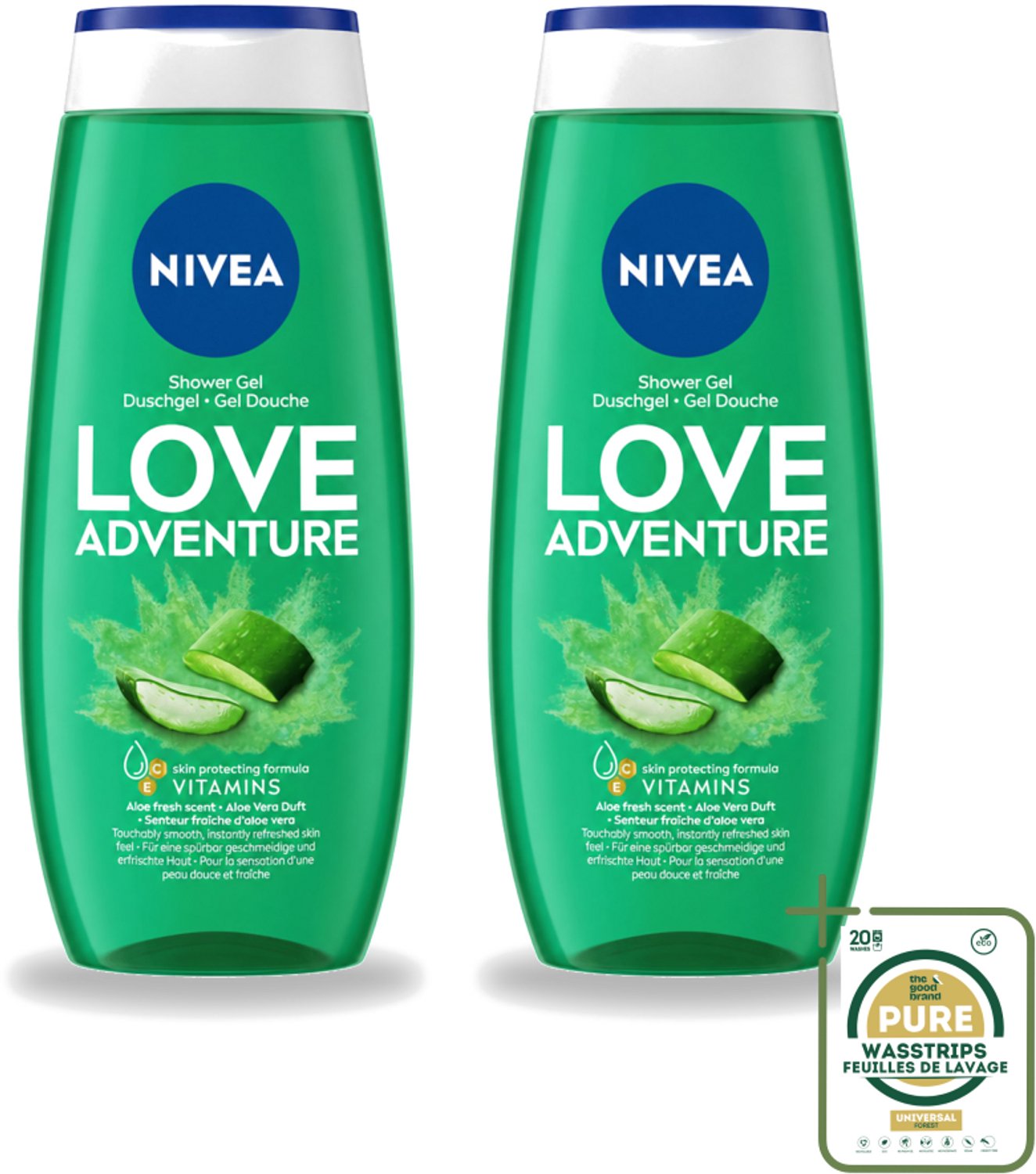 2 x Nivea - Love Adventure Douchegel - Huidbeschermend - 250 ml - Wasstrips - Douchegel - Huidbeschermend - Verfrissend - Vitamine C - Vitamine E
