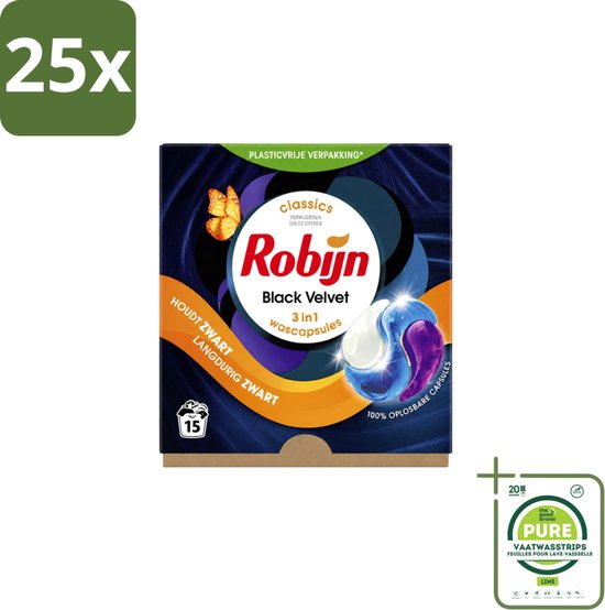 25 x Robijn – 3-in-1 Wascapsules – Black Velvet – 15 capsules - Grootverpakking - Vaatwasstrips - Zwarte Was - Zwart Kleding - Kleurbehoud - Wascapsules - Black Serum