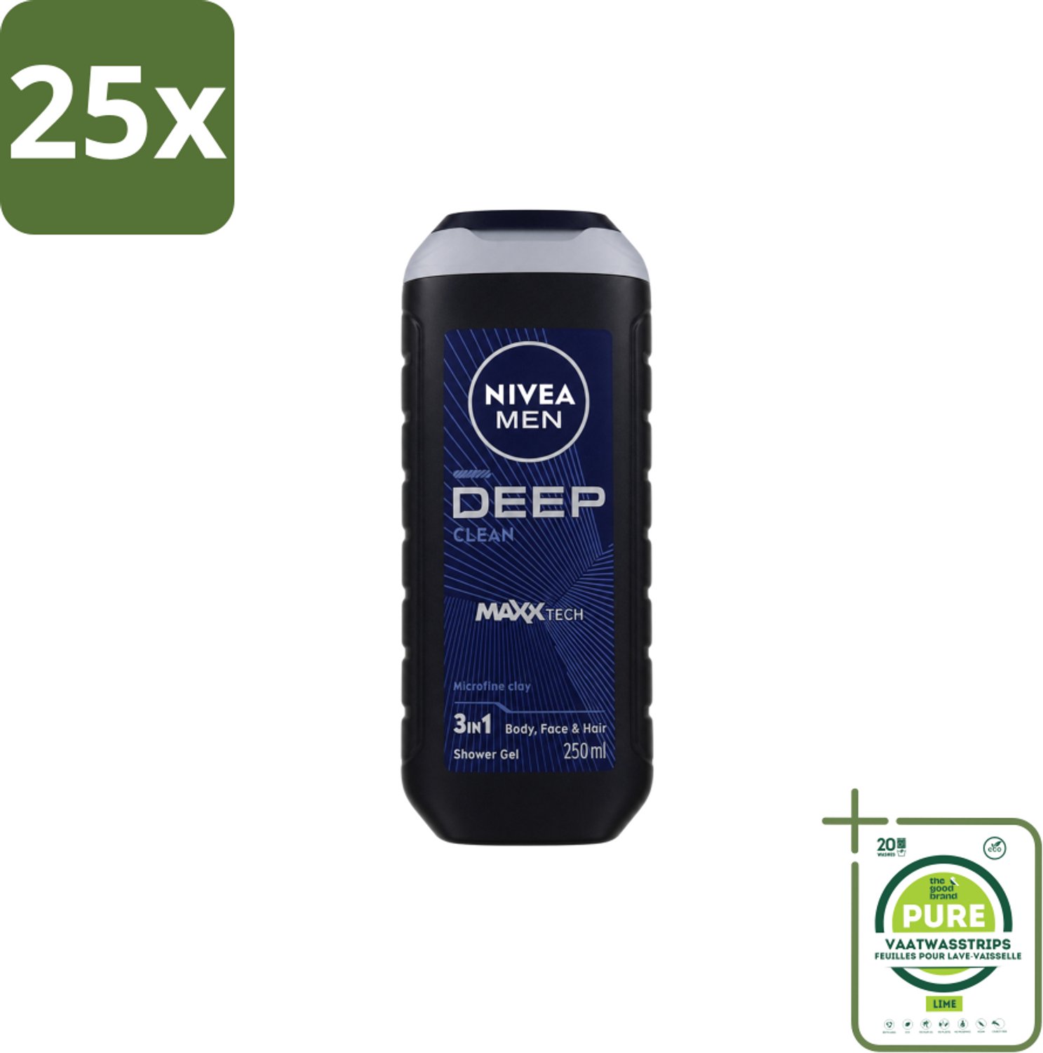 25 x Nivea Men – Douchegel – Deep Clean – 250 ml - Grootverpakking - Vaatwasstrips - Douchegel - Diepe Reiniging - Microfijne Klei - Huid Reinigen - Haar Reinigen