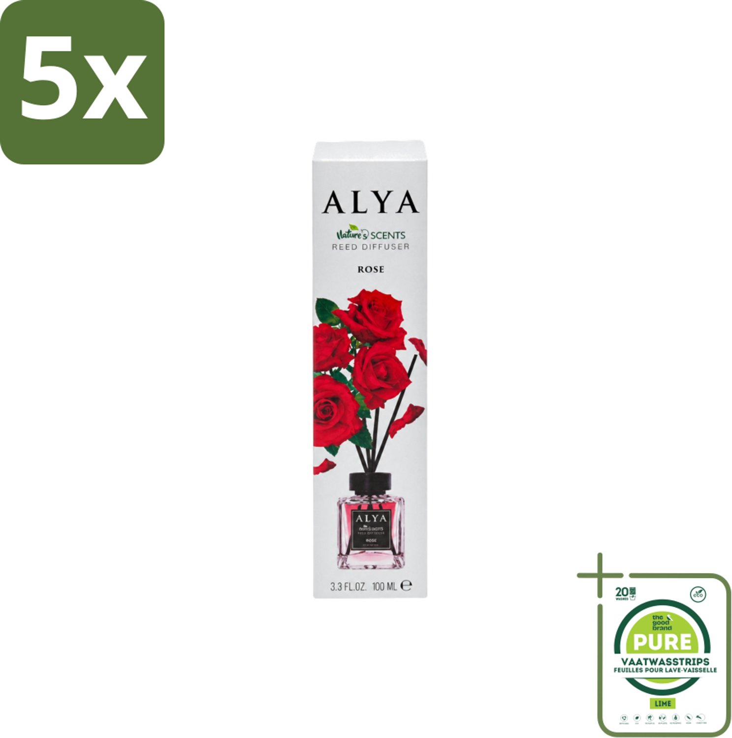 5 x Alya – Geurdiffuser – Rose – Interieurparfum - Grootverpakking - Vaatwasstrips - Geurstokjes - Geur - Geurverspreiding - Geur Olie - Geur Sfeer