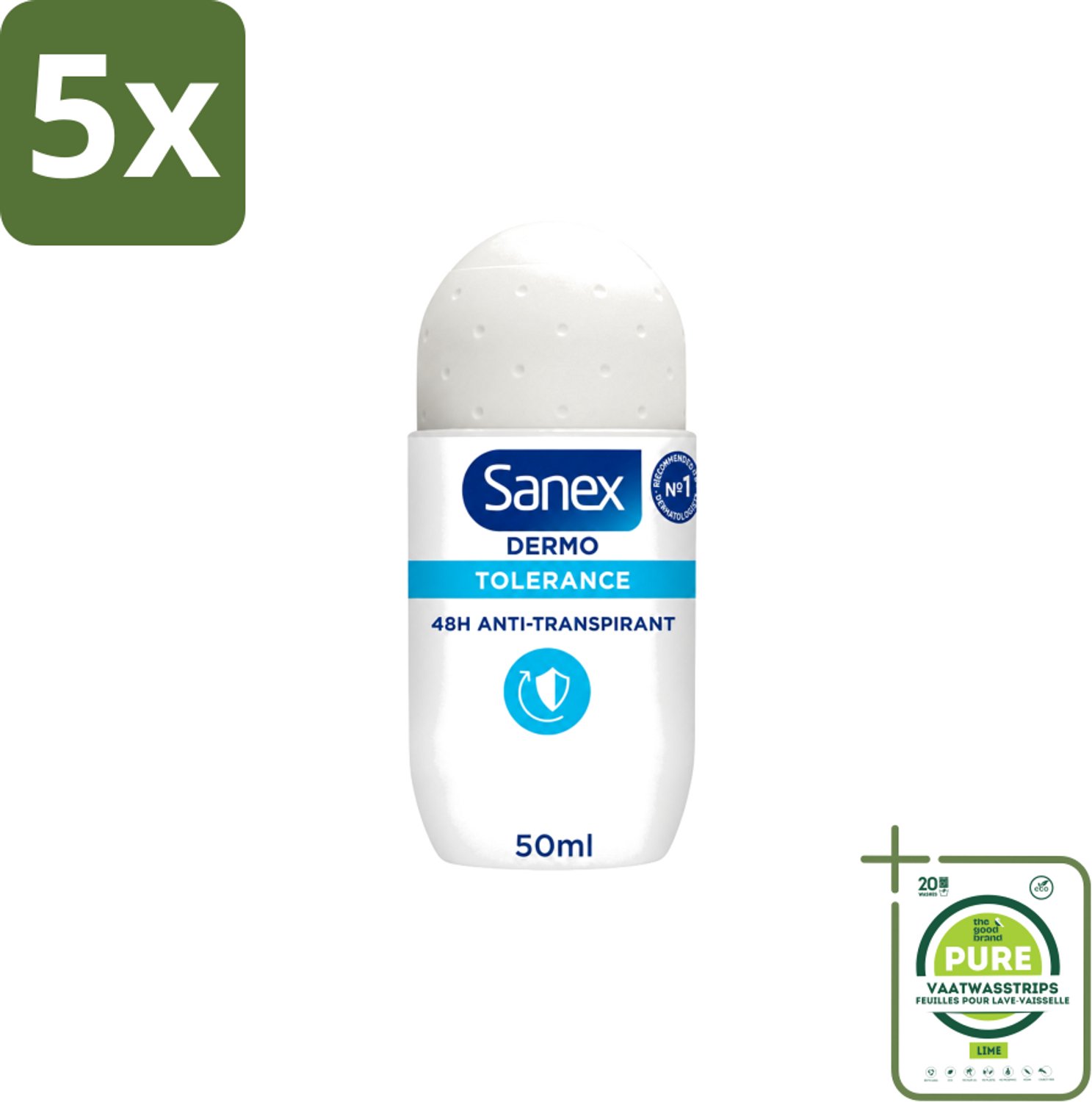 5 x Sanex – Deo Roll-on – Dermo Tolerance – 50 ml - Grootverpakking - Vaatwasstrips - Gevoelige Huid - Allergie - Huidverdraagzaamheid - Hypoallergen - Deodorant