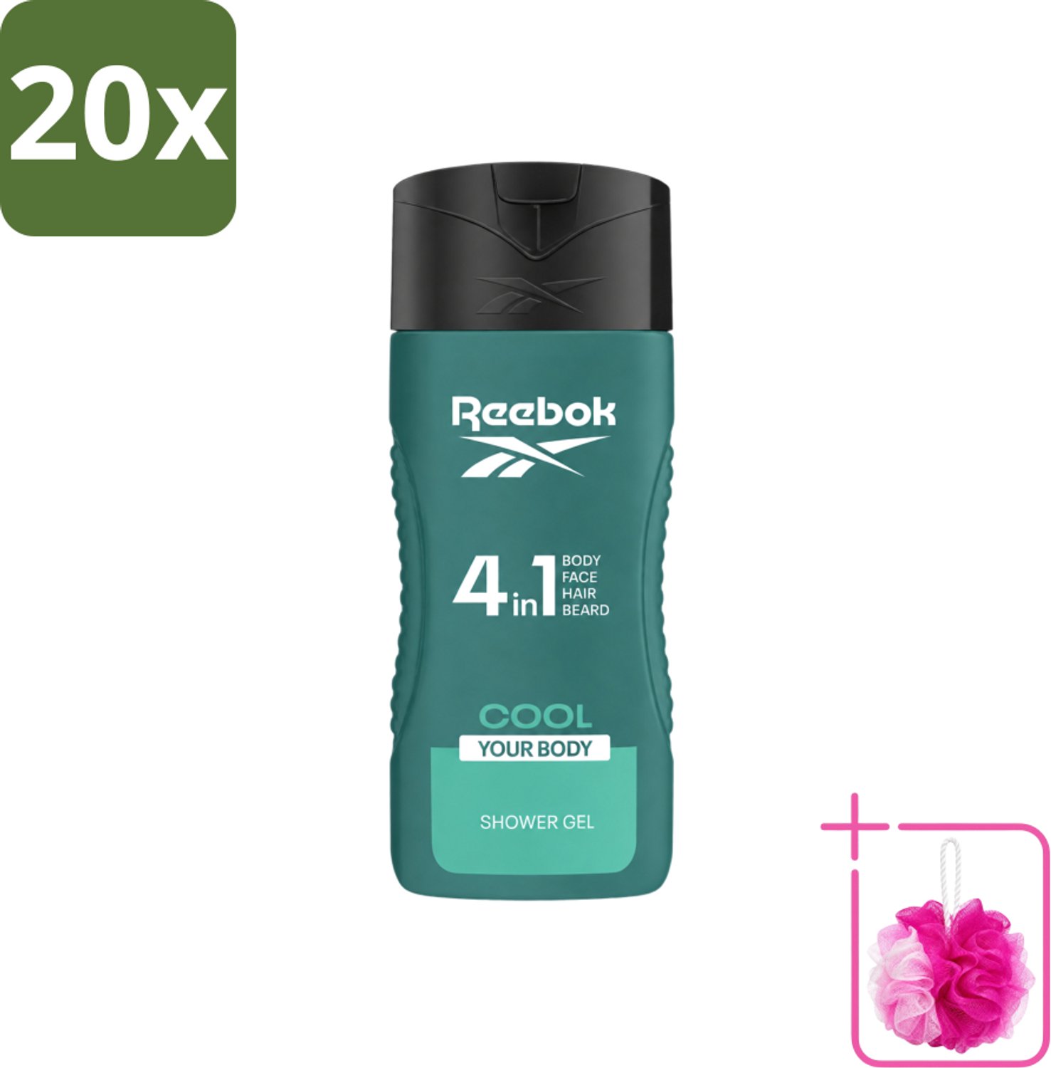 20 x Reebok - Cool Your Body - Douchegel - 4 in 1 - 400 ml - Bulkverpakking - Douchegel 4 in 1 - Douchemop - Verkoelend effect