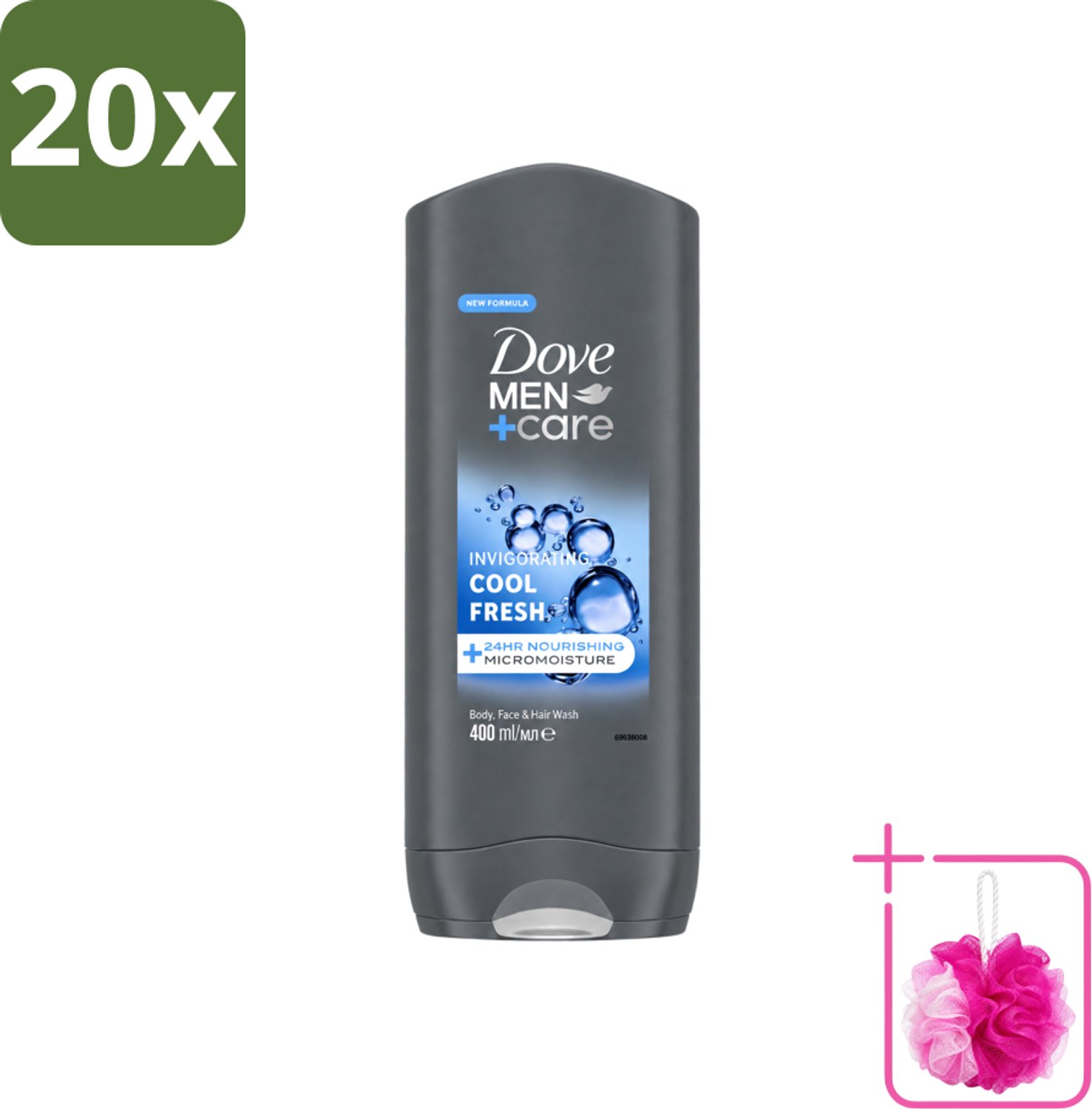 20 x Dove - Douchegel - Men+ Care Cool Fresh - Verfrissend en energiegevend - 400 ml - Bulkverpakking - Douchegel voor mannen - Douchemop - Verfrissende geur
