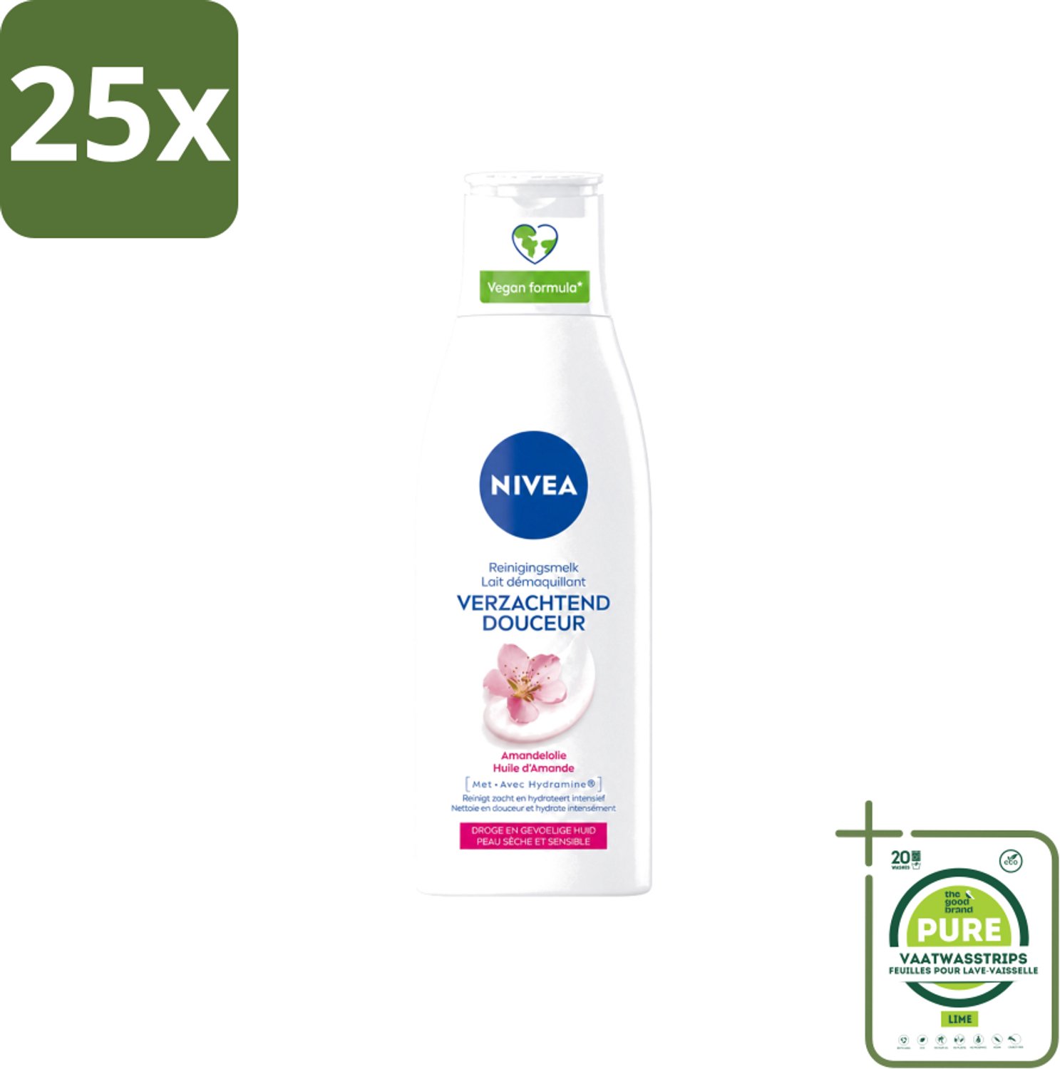 25 x Nivea - Gezichtsreiniger - Droge en Gevoelige Huid - Amandelolie - Hydramine - 200 ml - Grootverpakking - Vaatwasstrips - Gezichtsreiniger - Droge Huid - Gevoelige Huid - Amandelolie - Hydramine