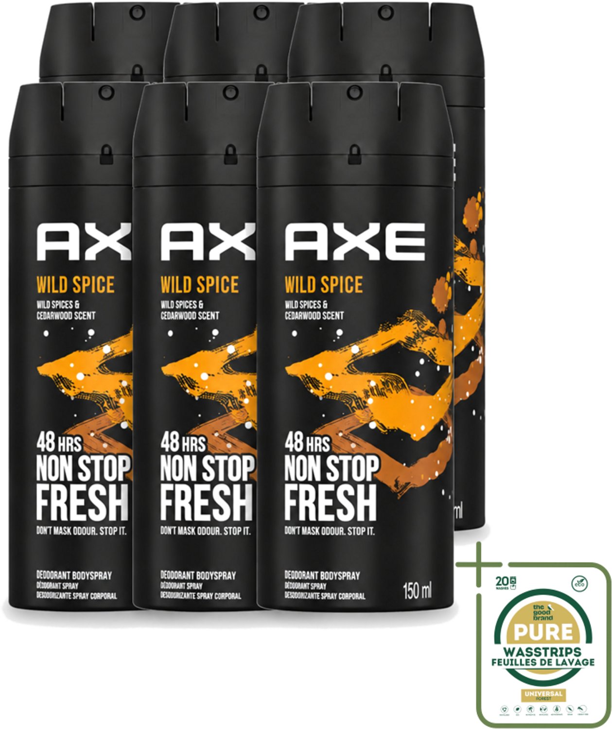 6 x Axe - Deodorant Bodyspray - 48hrs Non Stop Fresh - Wild Spice - Wild Spices & Cedarwood - 150 ml - Wasstrips - Axe Wild Spice - Deodorant Bodyspray - 48 Uur Fris - Anti-geur - Cederhout Geur