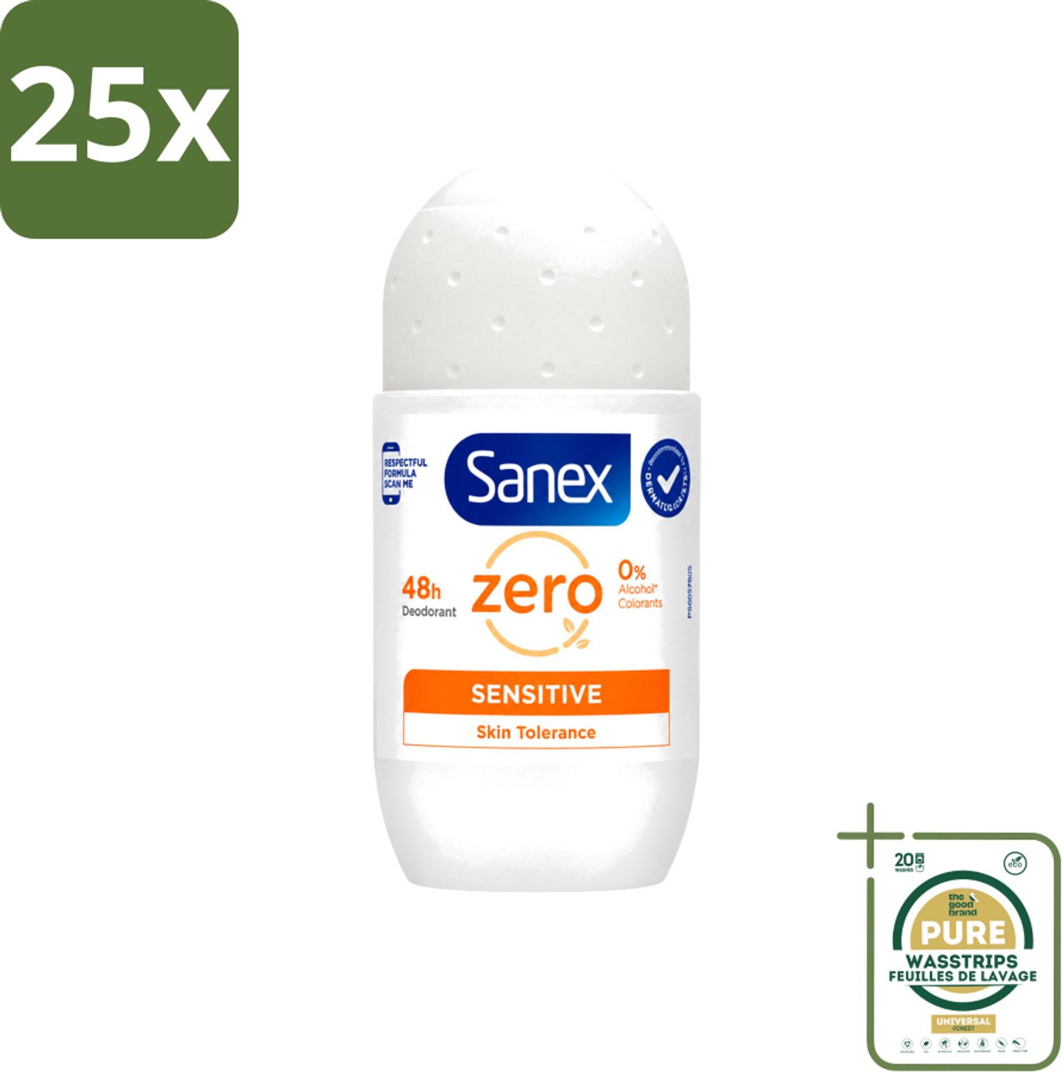 25 x Sanex - Deodorant - Roller - Zero% - Sensitive - Zonder Alcohol & Parabenen - 50 ml - Wasstrips - Sanex Deodorant Zero% Sensitive - Alcoholvrije Deodorant - Parabenenvrije Deodorant - Gevoelige Huid - Milde Deodorant