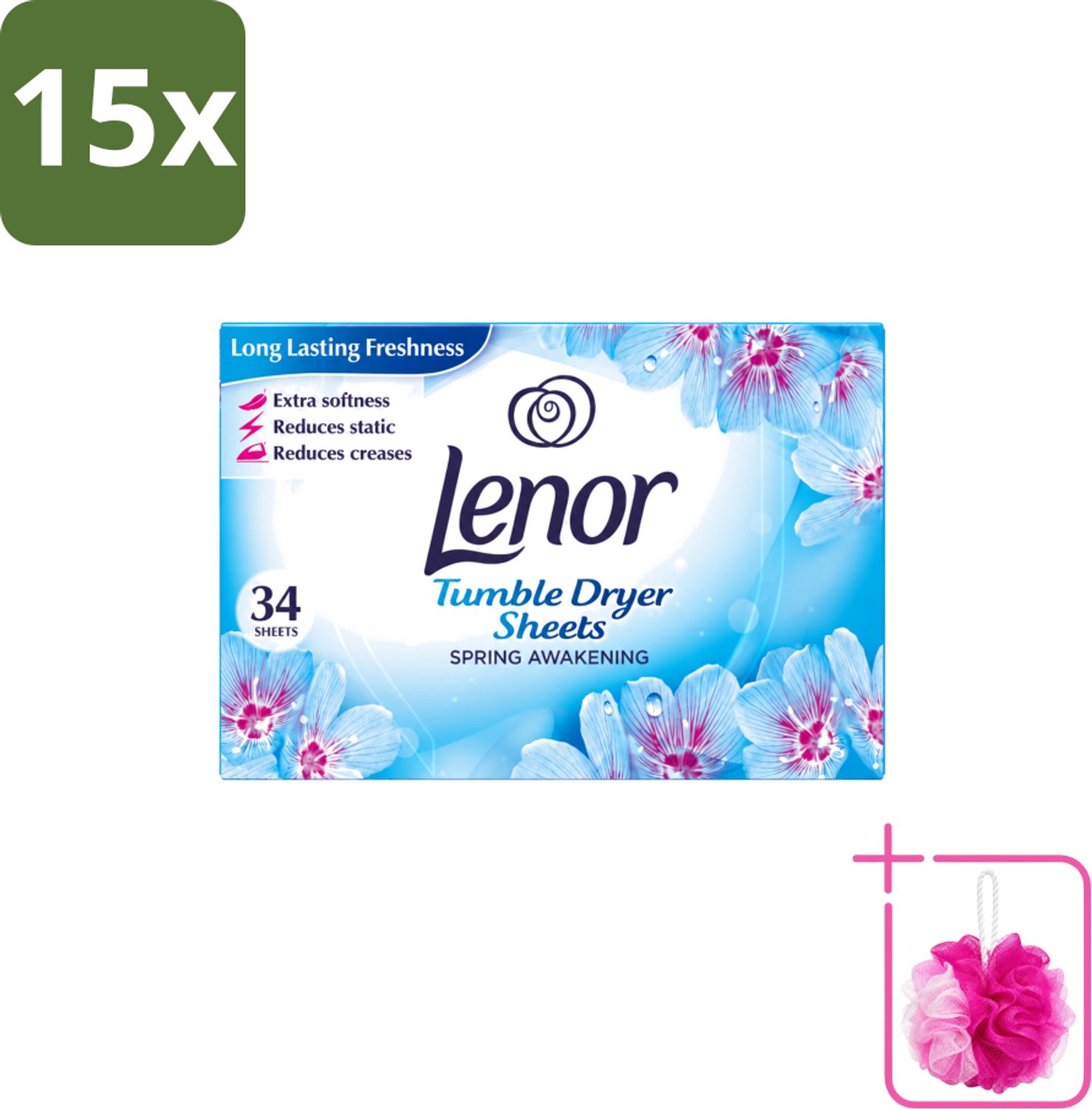 15 x Lenor - Droogtrommeldoekjes - Spring Awakening - 34 Doekjes - Bulkverpakking - Droogtrommeldoekjes - Douchemop - Voorjaar geur