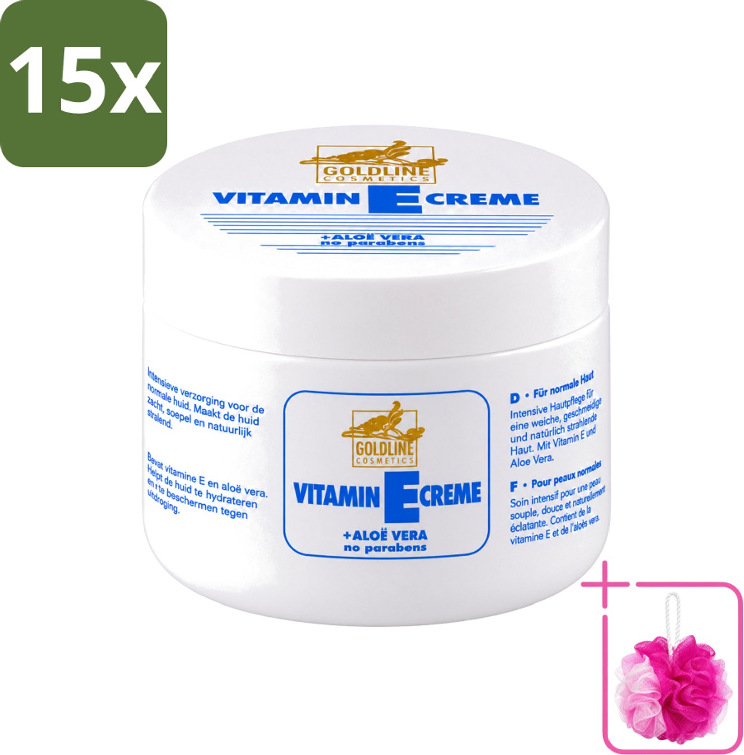 15 x Goldline - Bodycrème - Vitamine-E & Aloë Vera - Normale Huid - Hydraterend - 250 ml - Bulkverpakking - Bodycrème - Douchemop - Vitamine e