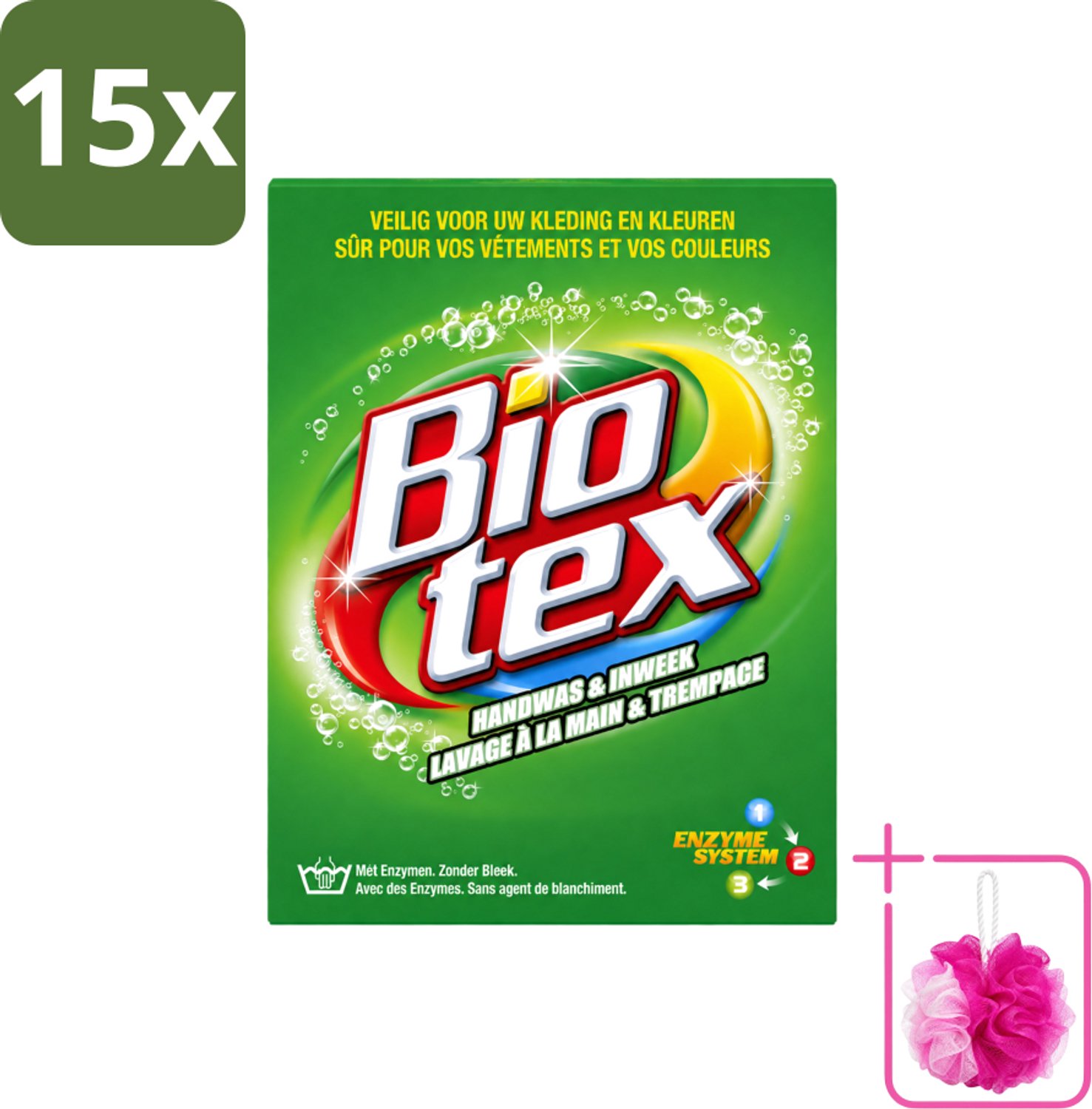 15 x Biotex - Waspoeder - Handwas & Inweek - Actieve Biologische Enzymen - 720 g - Bulkverpakking - Handwas - Douchemop - Inweek waspoeder